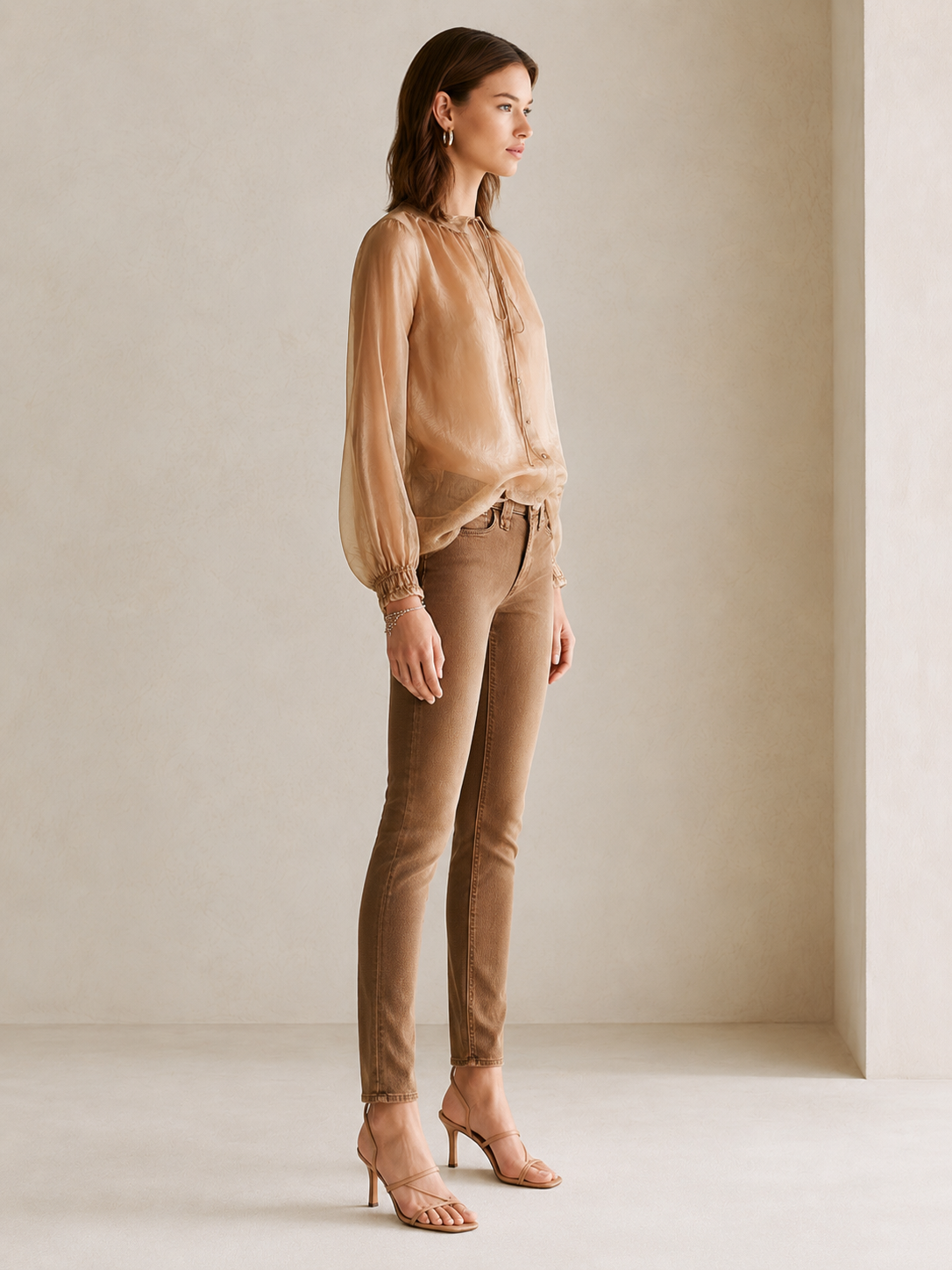 Light Brown Sheer Chiffon Round-neck Drawstring Shirt