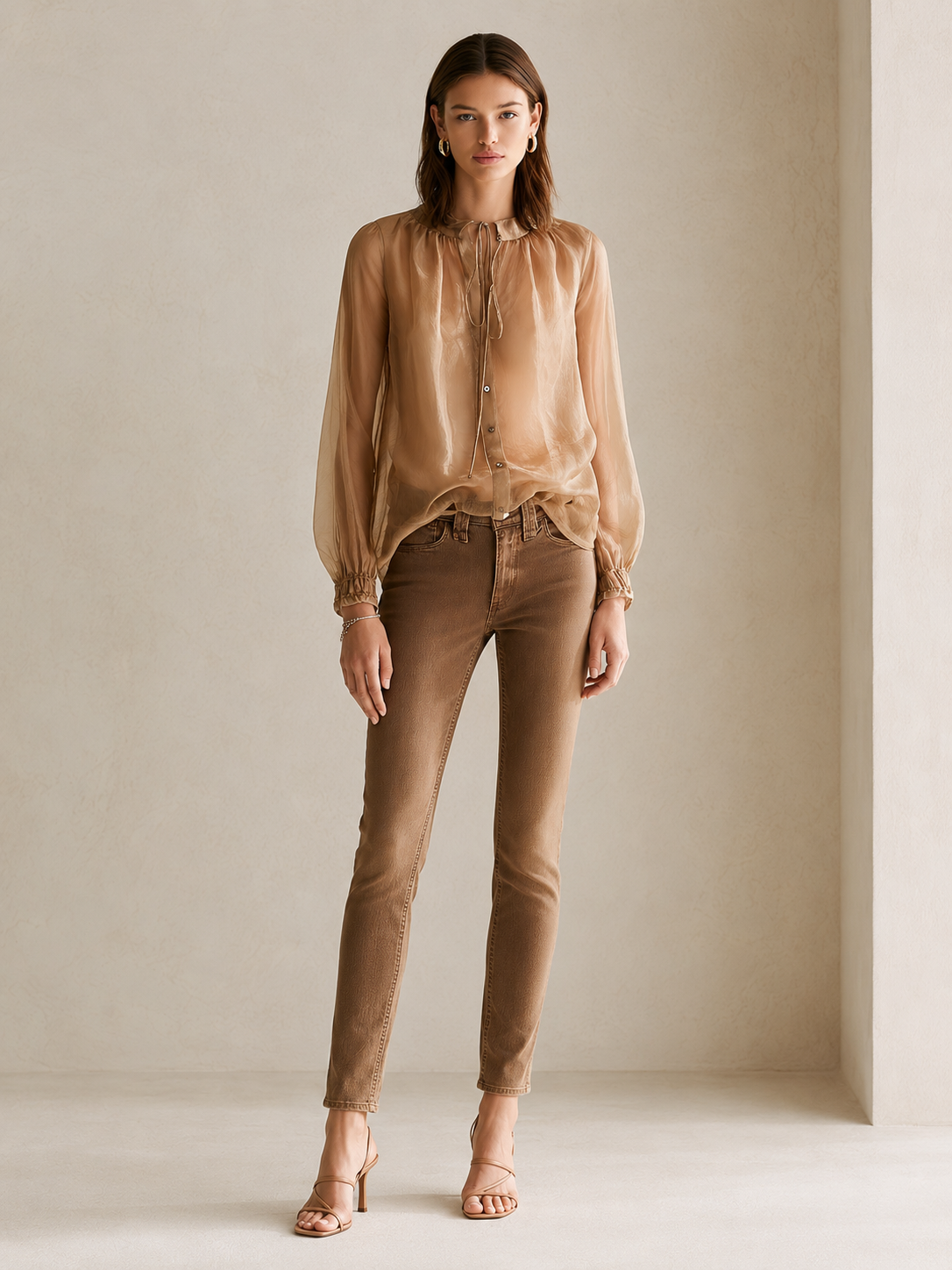 Light Brown Sheer Chiffon Round-neck Drawstring Shirt