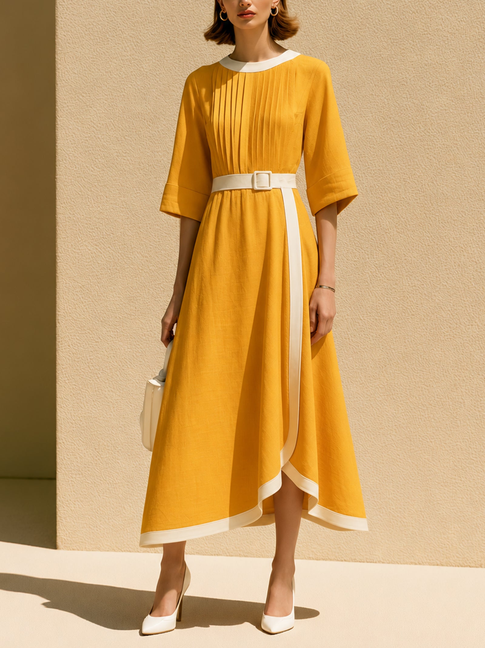 Yellow Linen Flared-sleeve Dress With White Piping