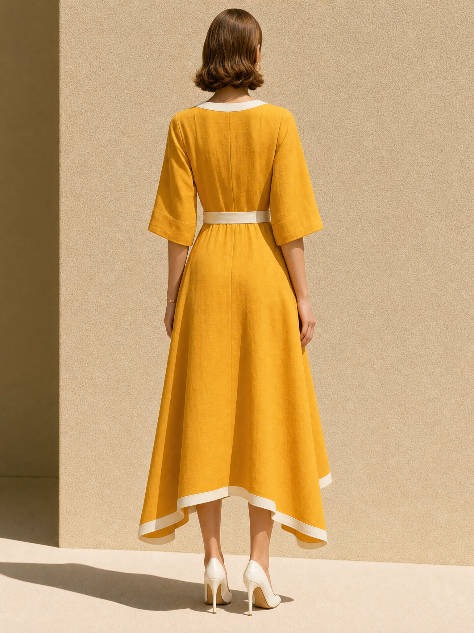 Yellow Linen Flared-sleeve Dress With White Piping