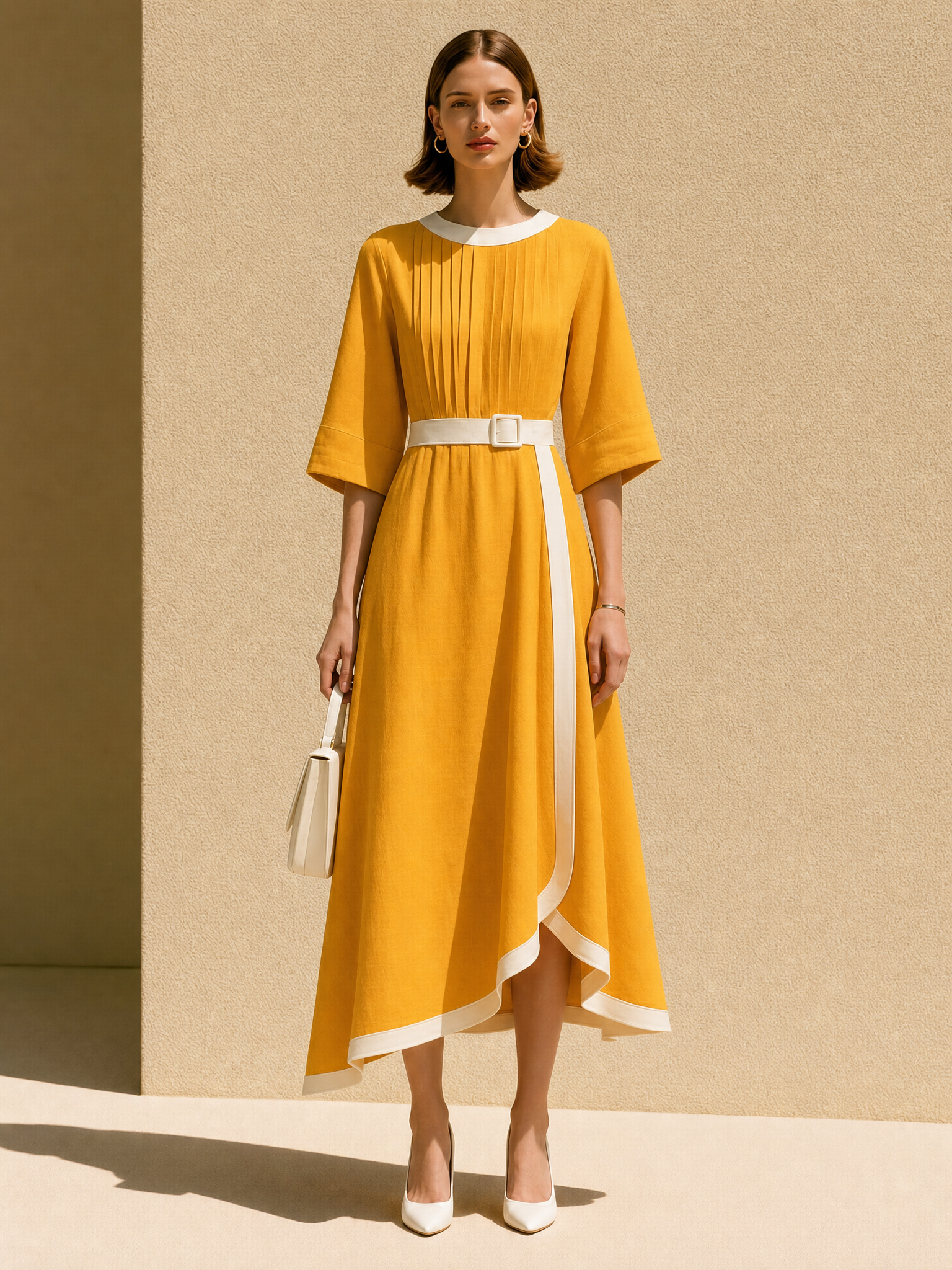 Yellow Linen Flared-sleeve Dress With White Piping