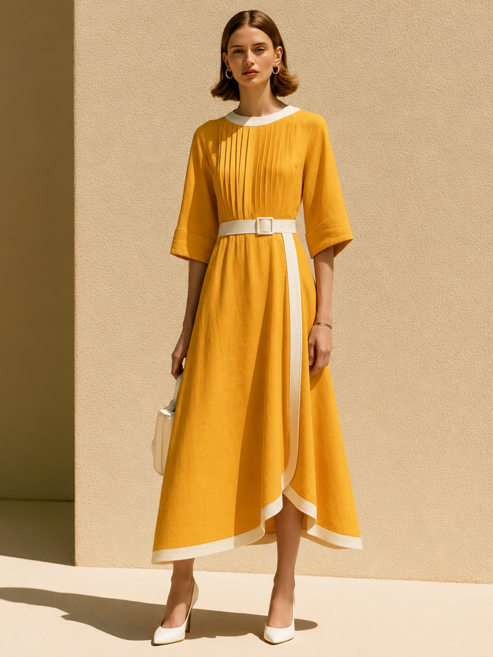 Yellow Linen Flared-sleeve Dress With White Piping