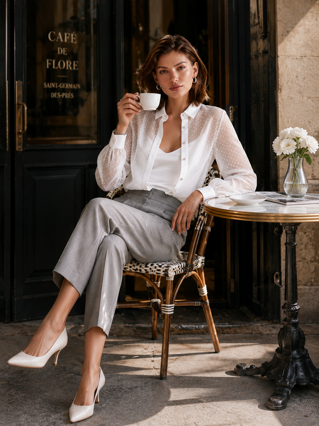 Elegant White Sheer Polka-dot Chiffon Shirt
