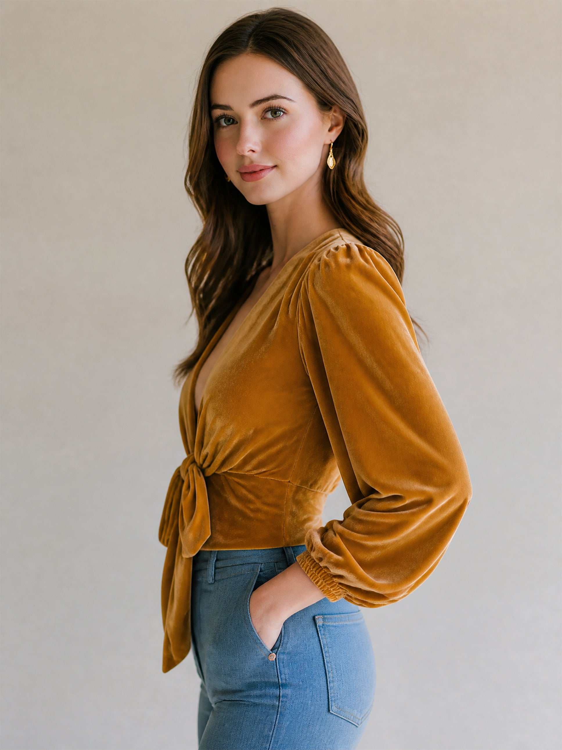 Elegant Velvet Puff Long Sleeve Tie Front Cropped Blouse
