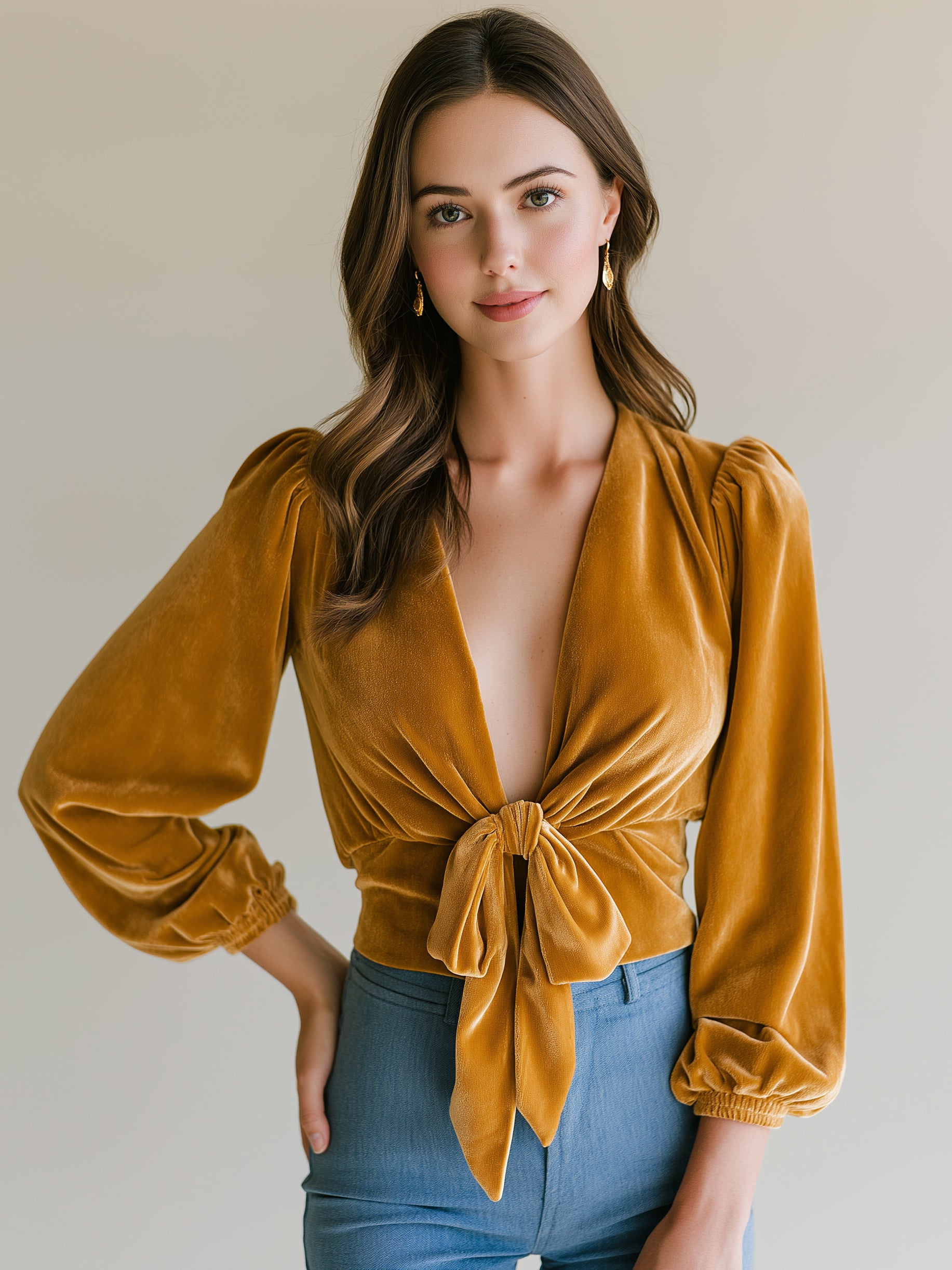 Elegant Velvet Puff Long Sleeve Tie Front Cropped Blouse