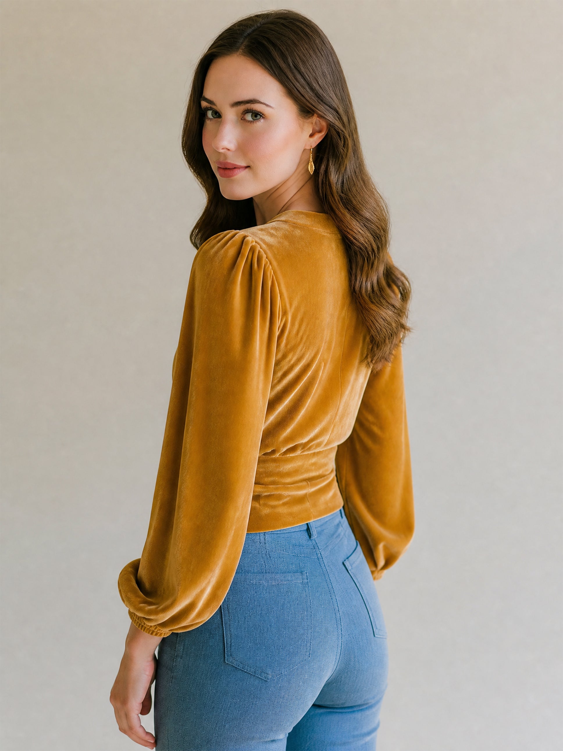 Elegant Velvet Puff Long Sleeve Tie Front Cropped Blouse