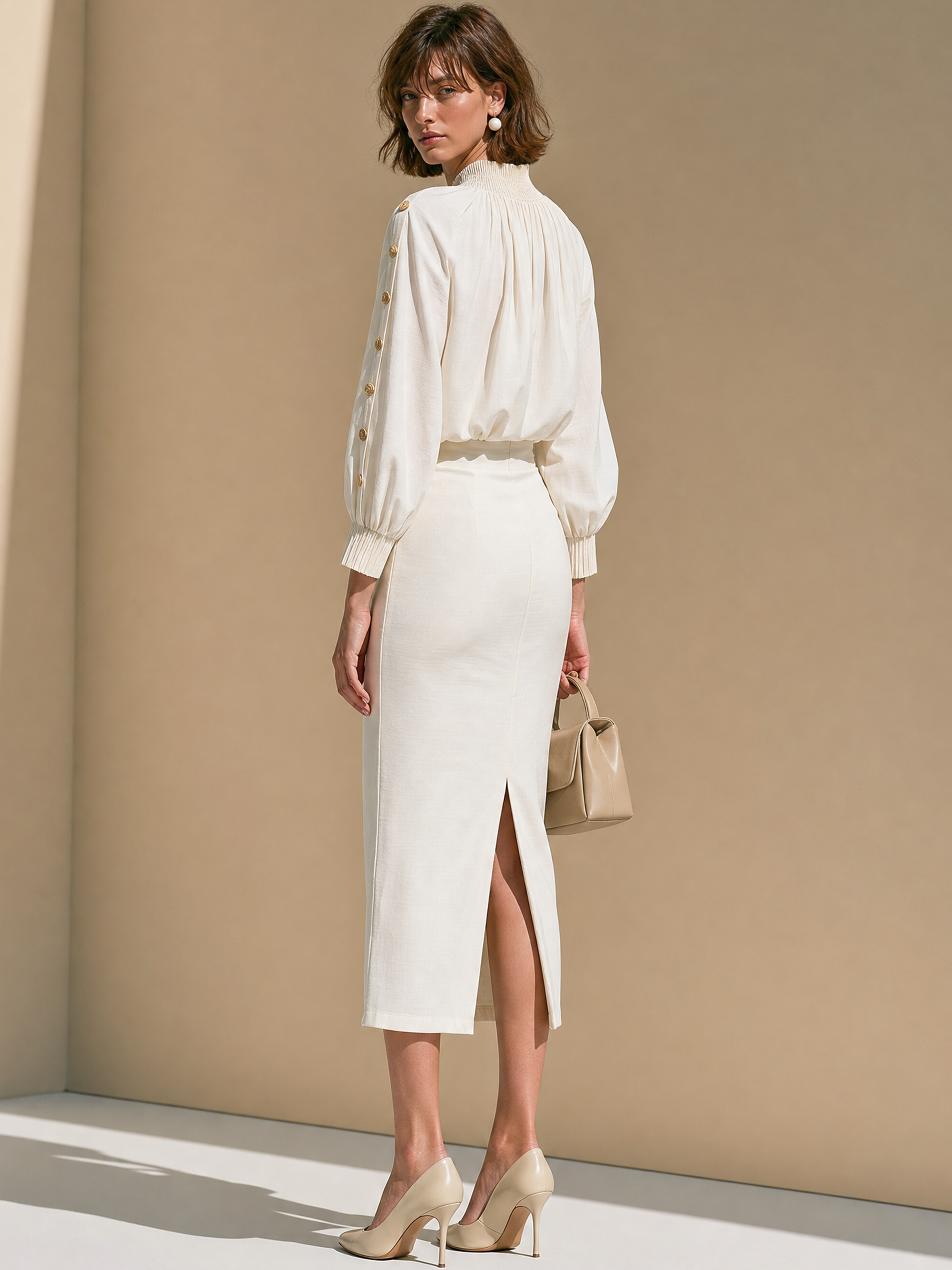 Elegant Cream Blouse & Midi Skirt Set