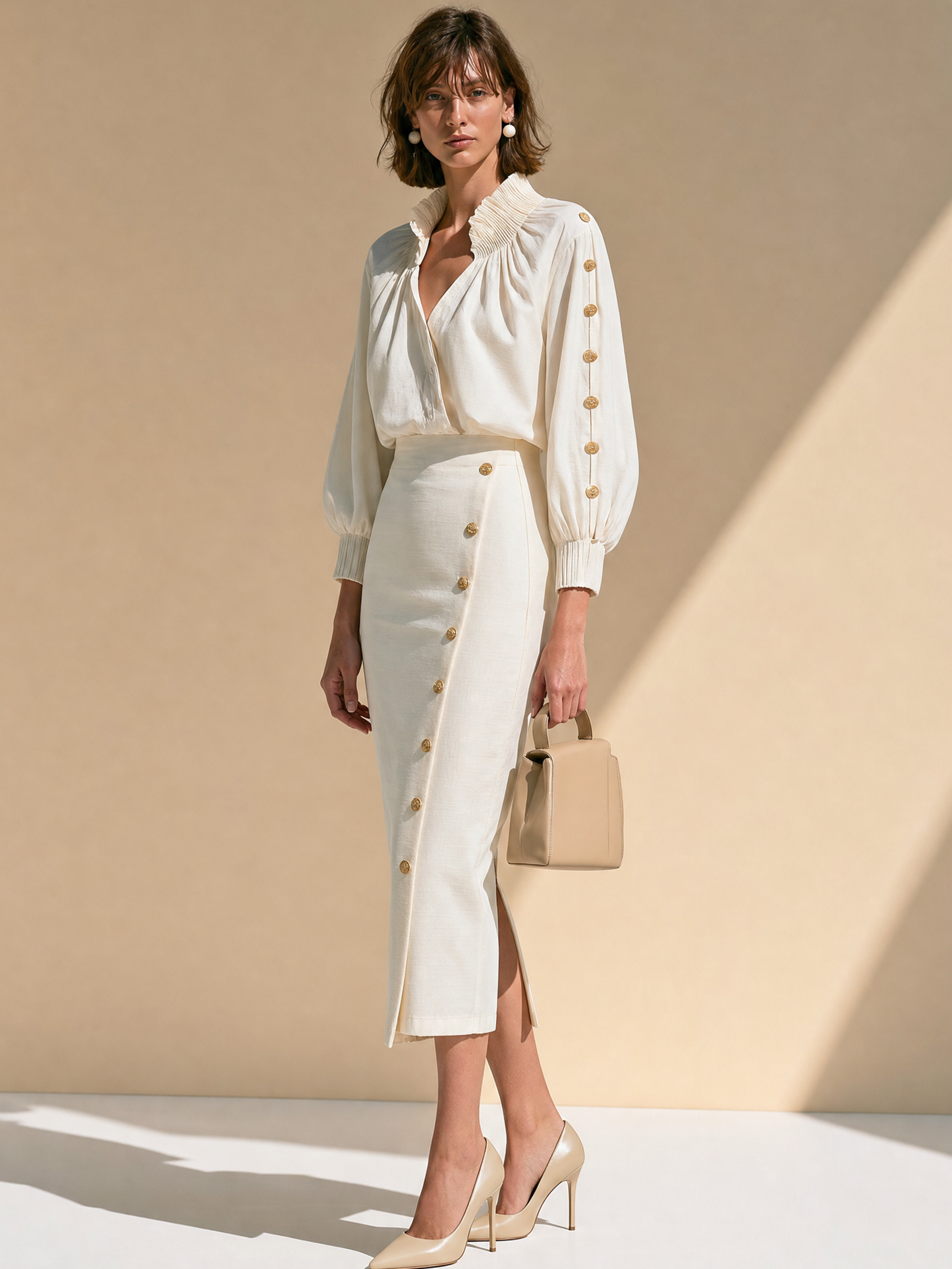 Elegant Cream Blouse & Midi Skirt Set