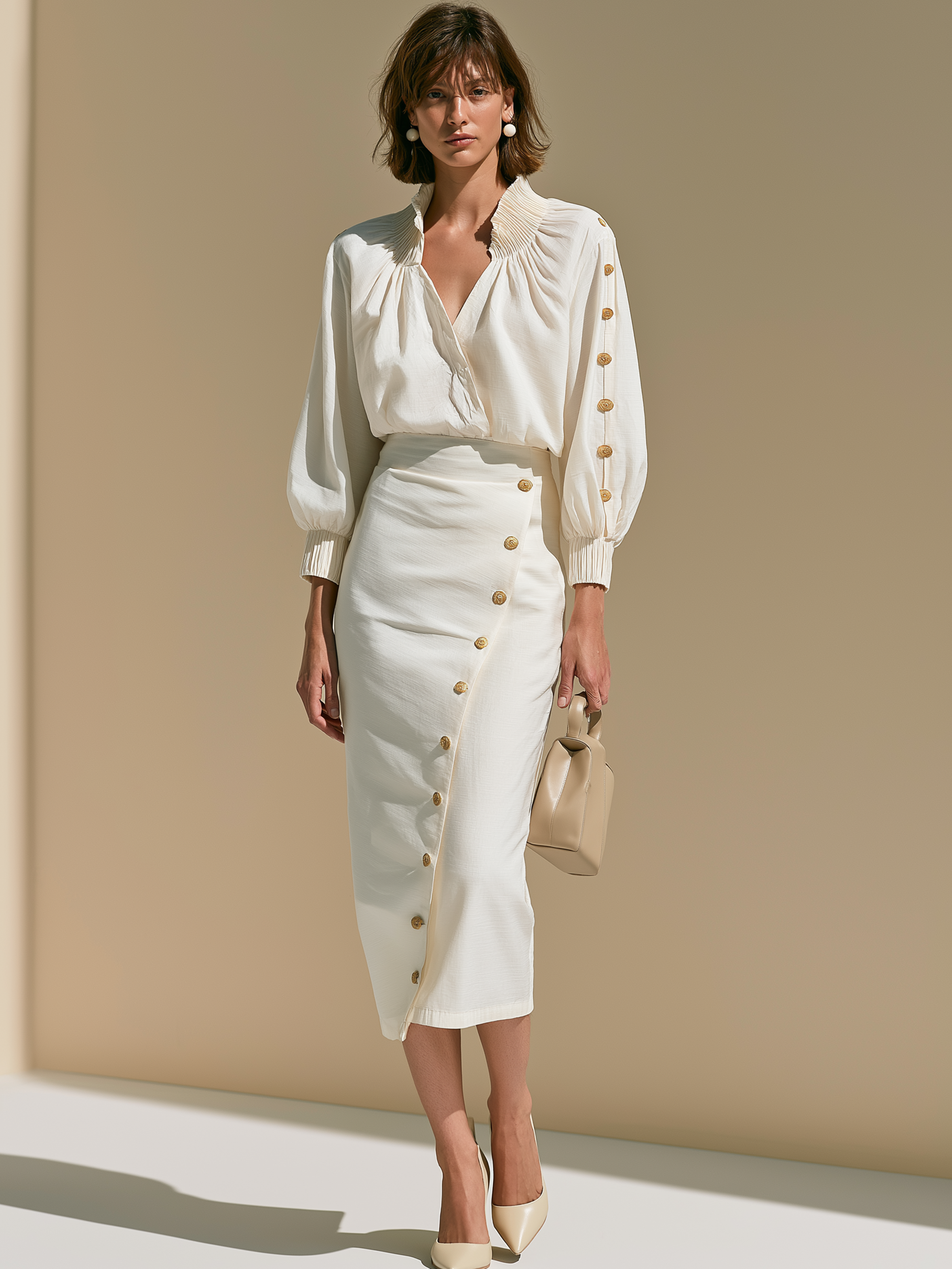 Elegant Cream Blouse & Midi Skirt Set