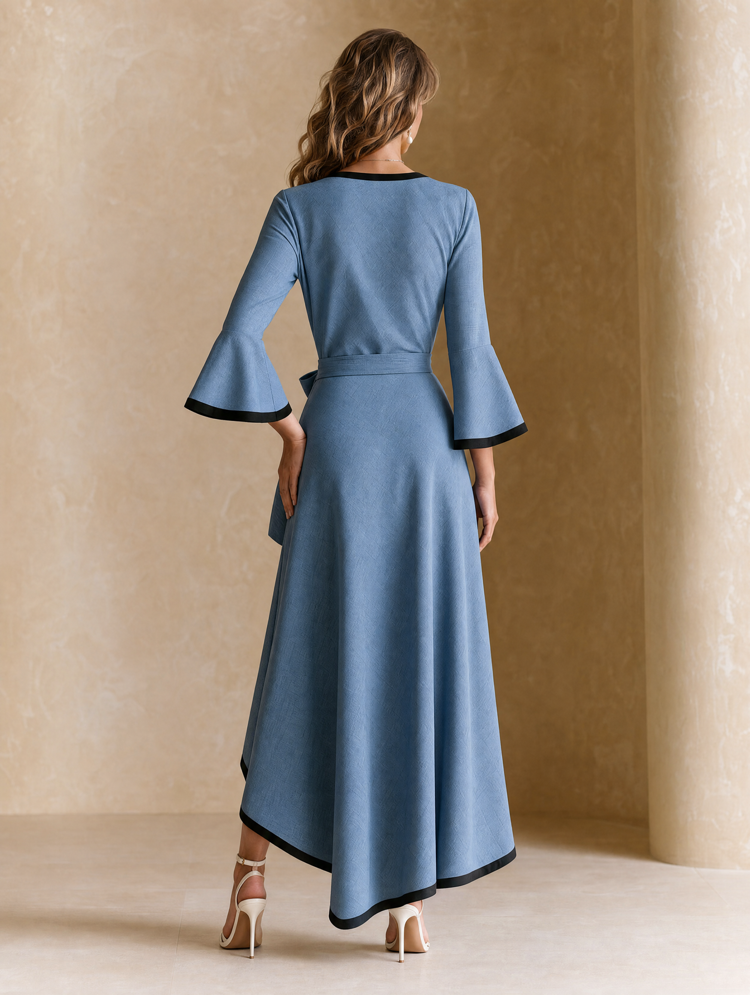 Elegant Misty Blue Linen Blend Wrap Maxi Dress