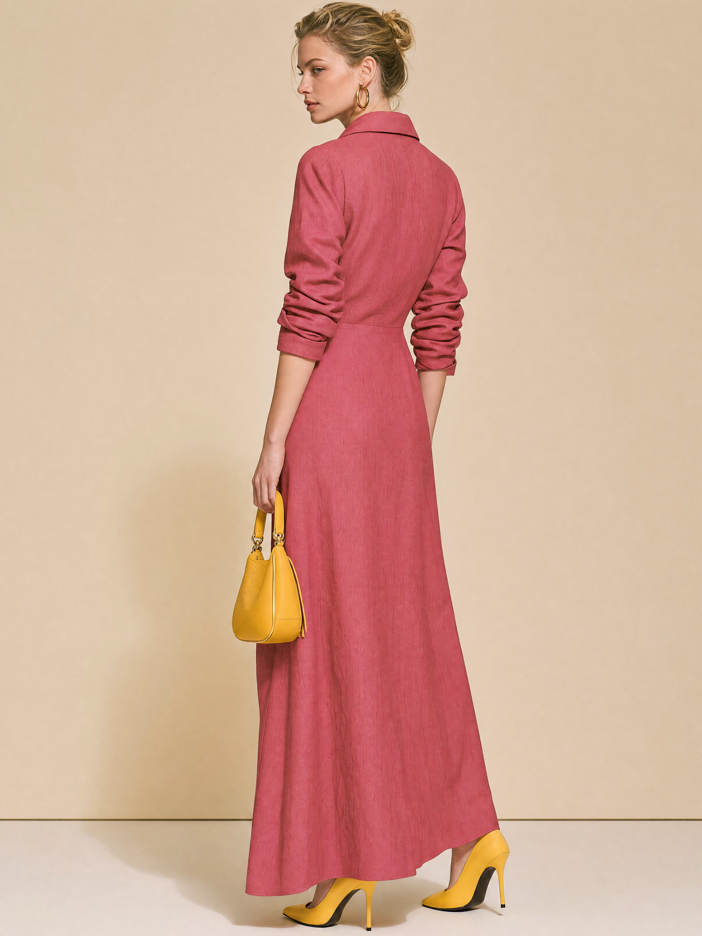 Elegant Relax Linen Raspberry Blazer Collar Slit Wrap Maxi Dress