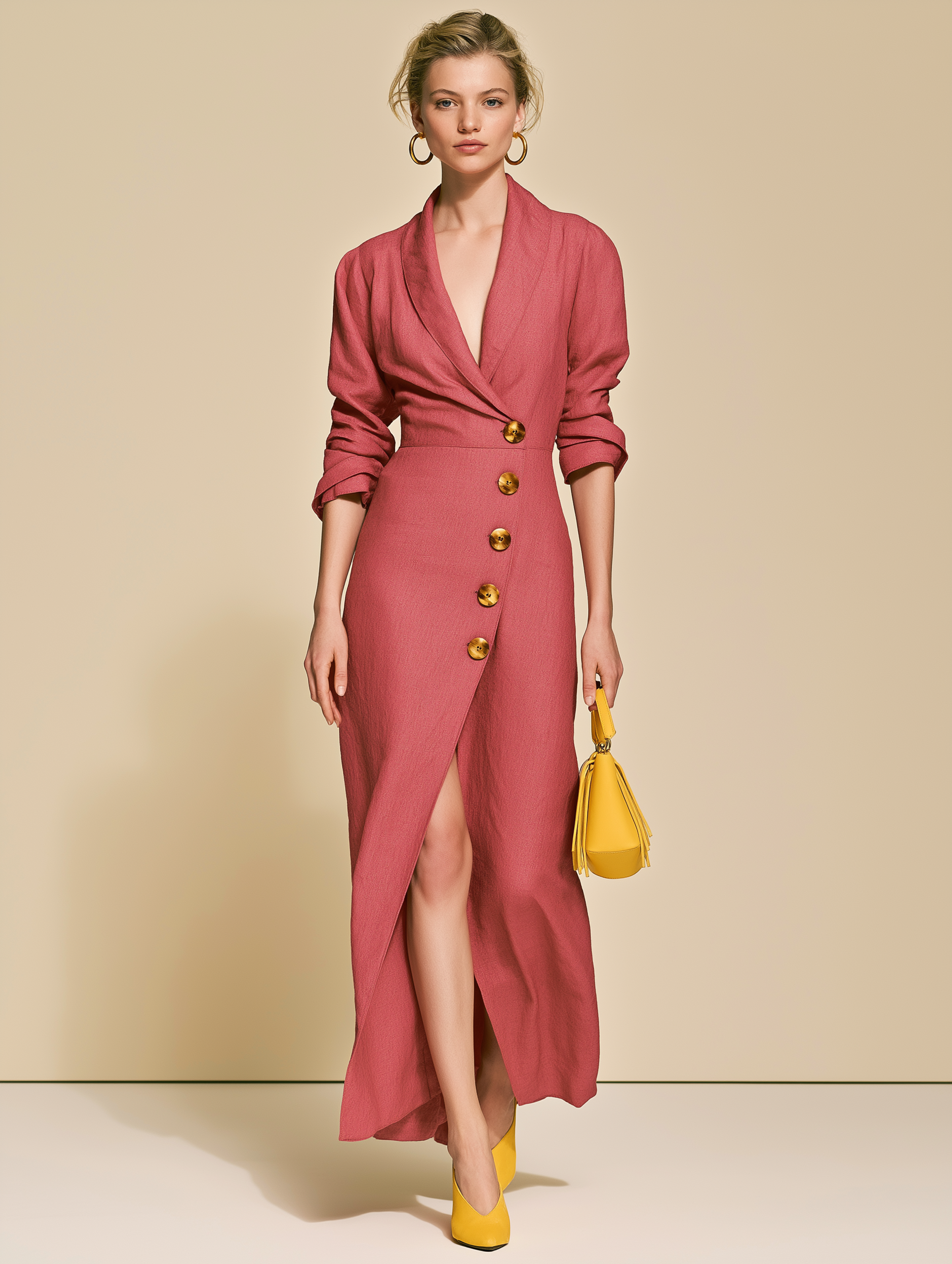 Elegant Relax Linen Raspberry Blazer Collar Slit Wrap Maxi Dress