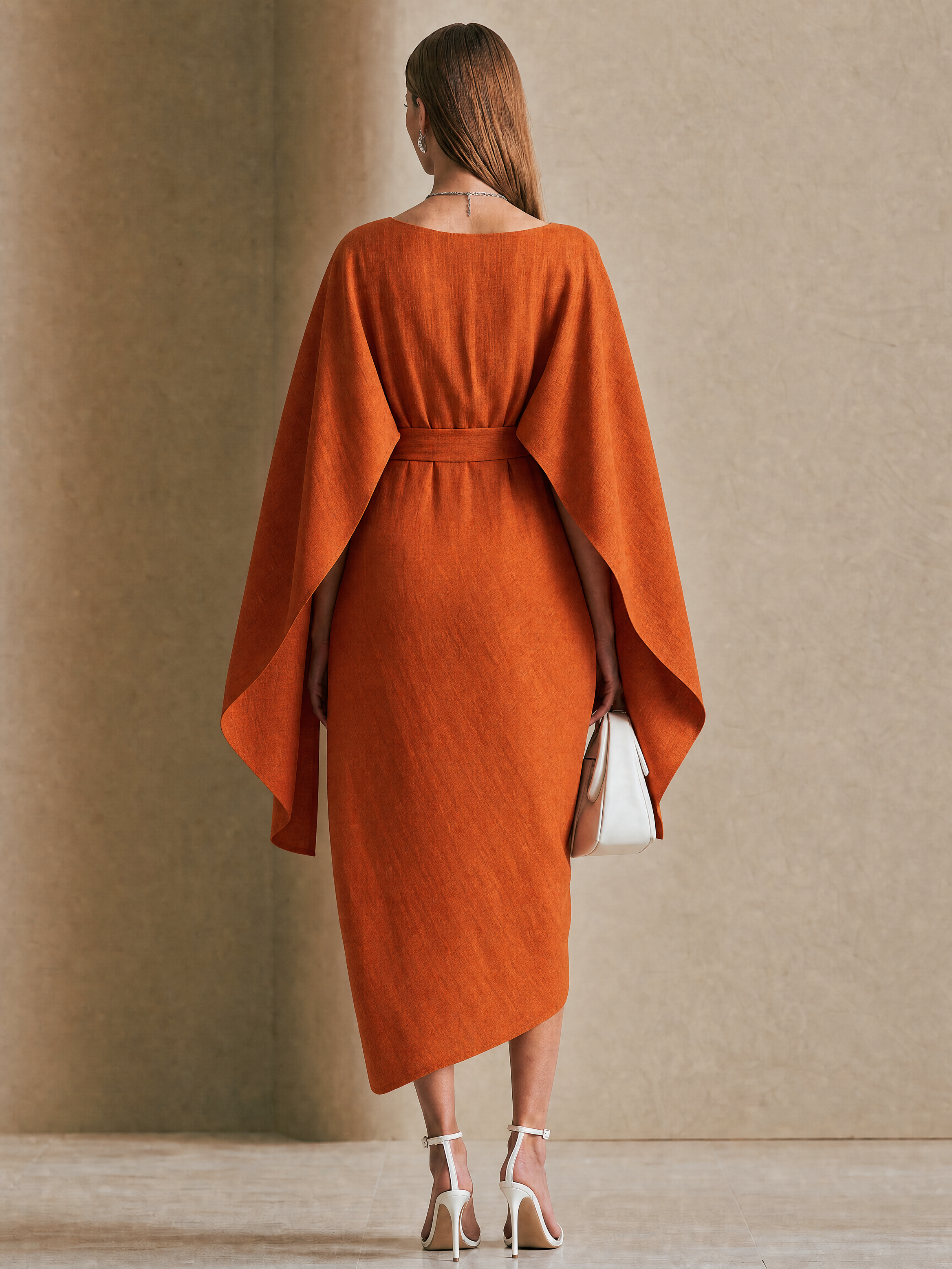 Elegant Orange Linen Blend Cape Sleeve Wrap Midi Dress