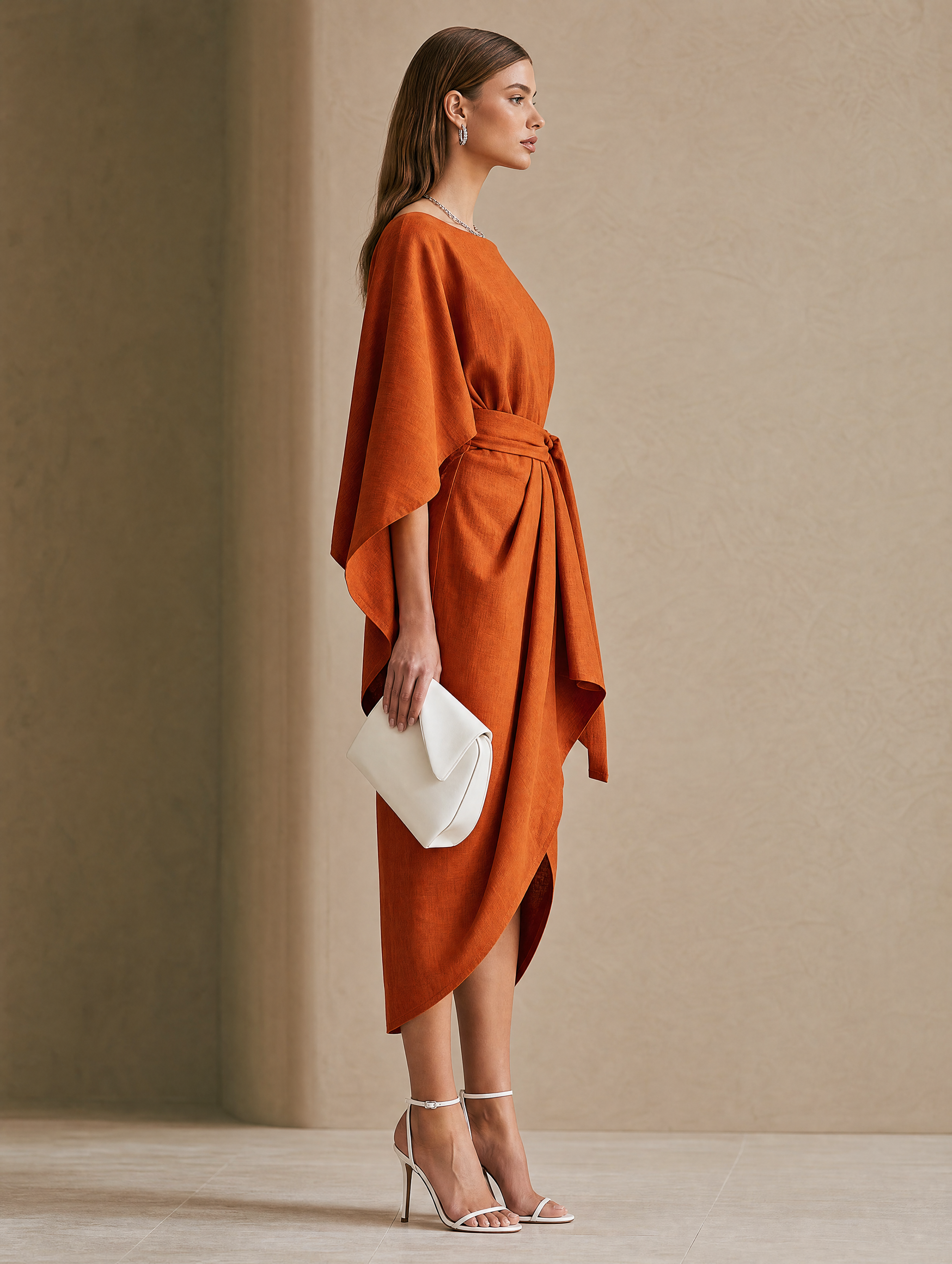 Elegant Orange Linen Blend Cape Sleeve Wrap Midi Dress
