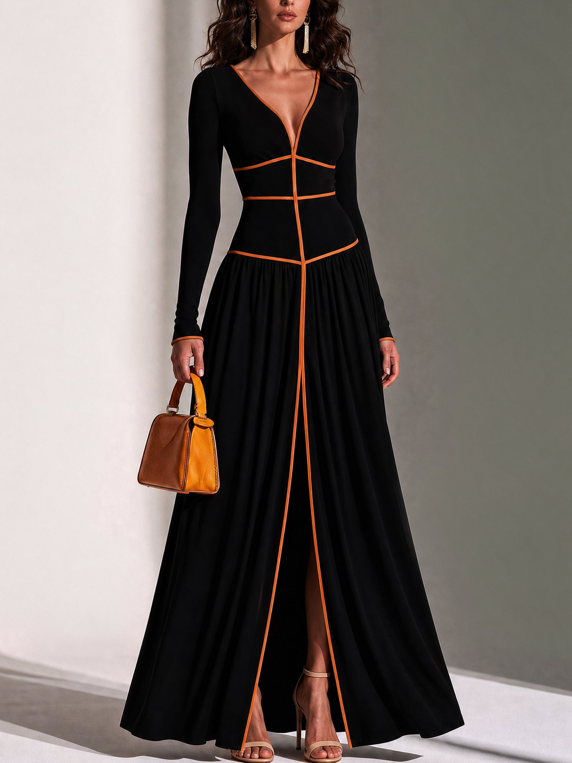 Elegant Deep V Long Sleeve Contrast Piping Maxi Dress