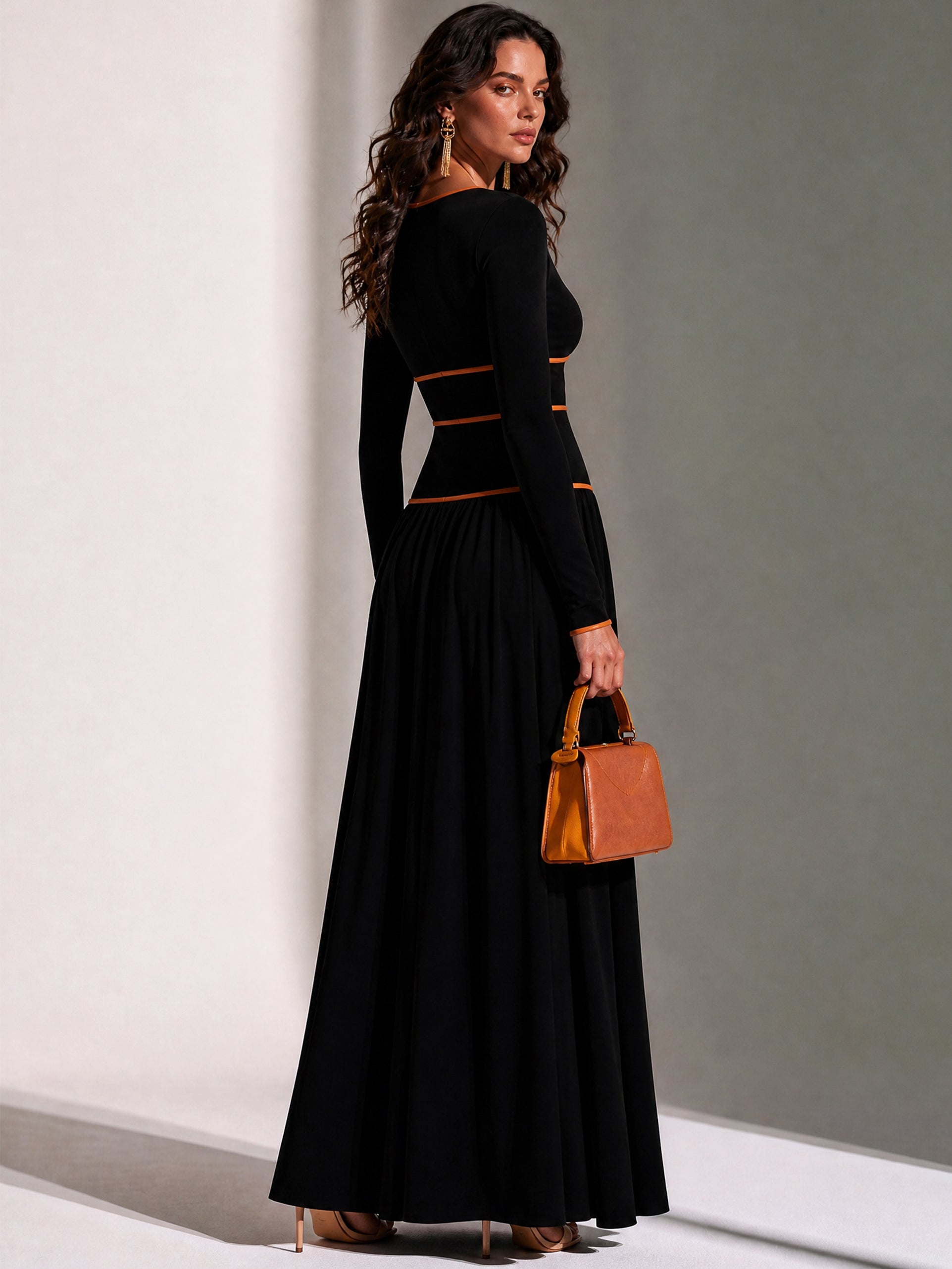 Elegant Deep V Long Sleeve Contrast Piping Maxi Dress