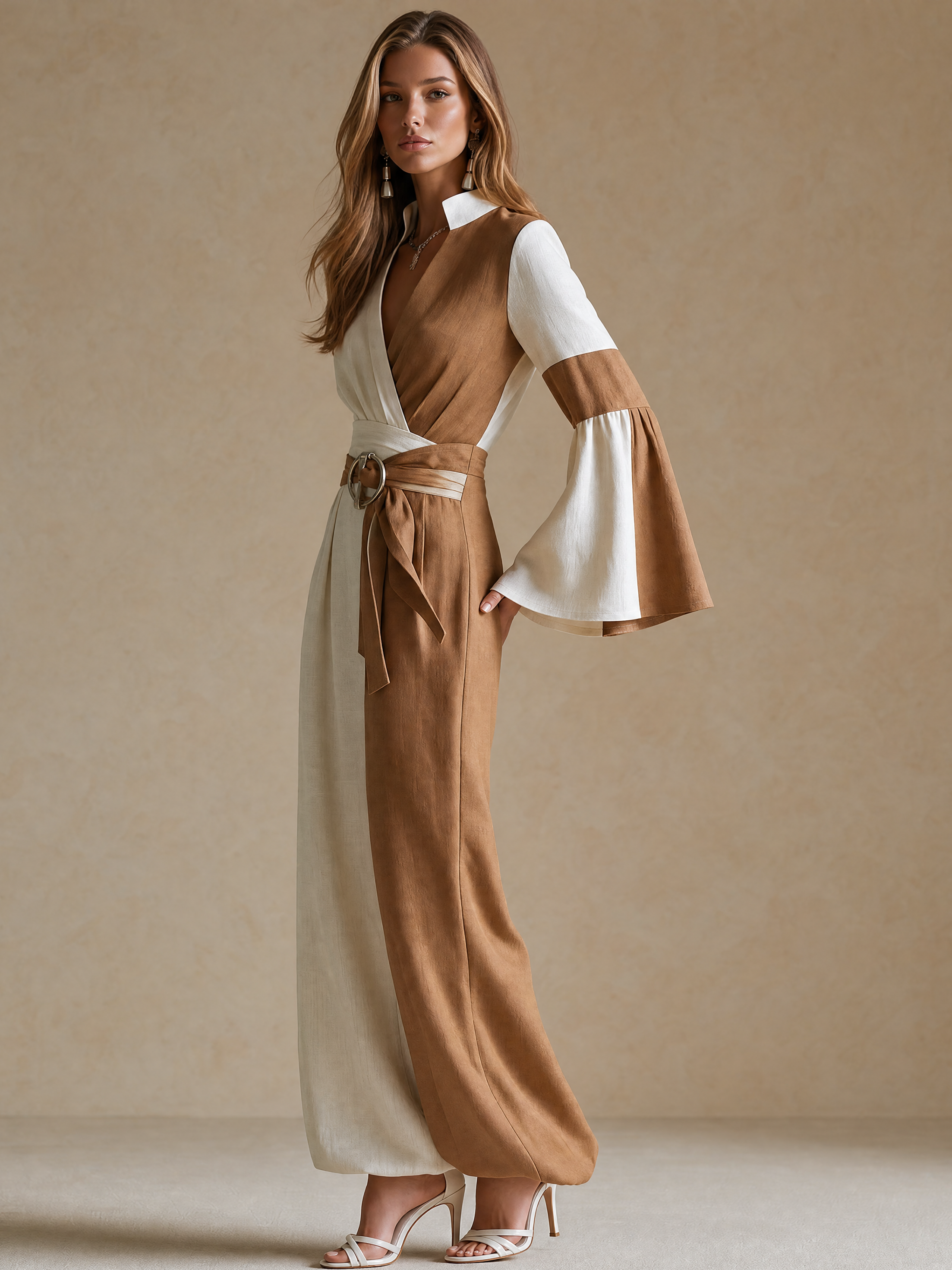 Elegant Khaki Contrast Linen Blend Jumpsuit