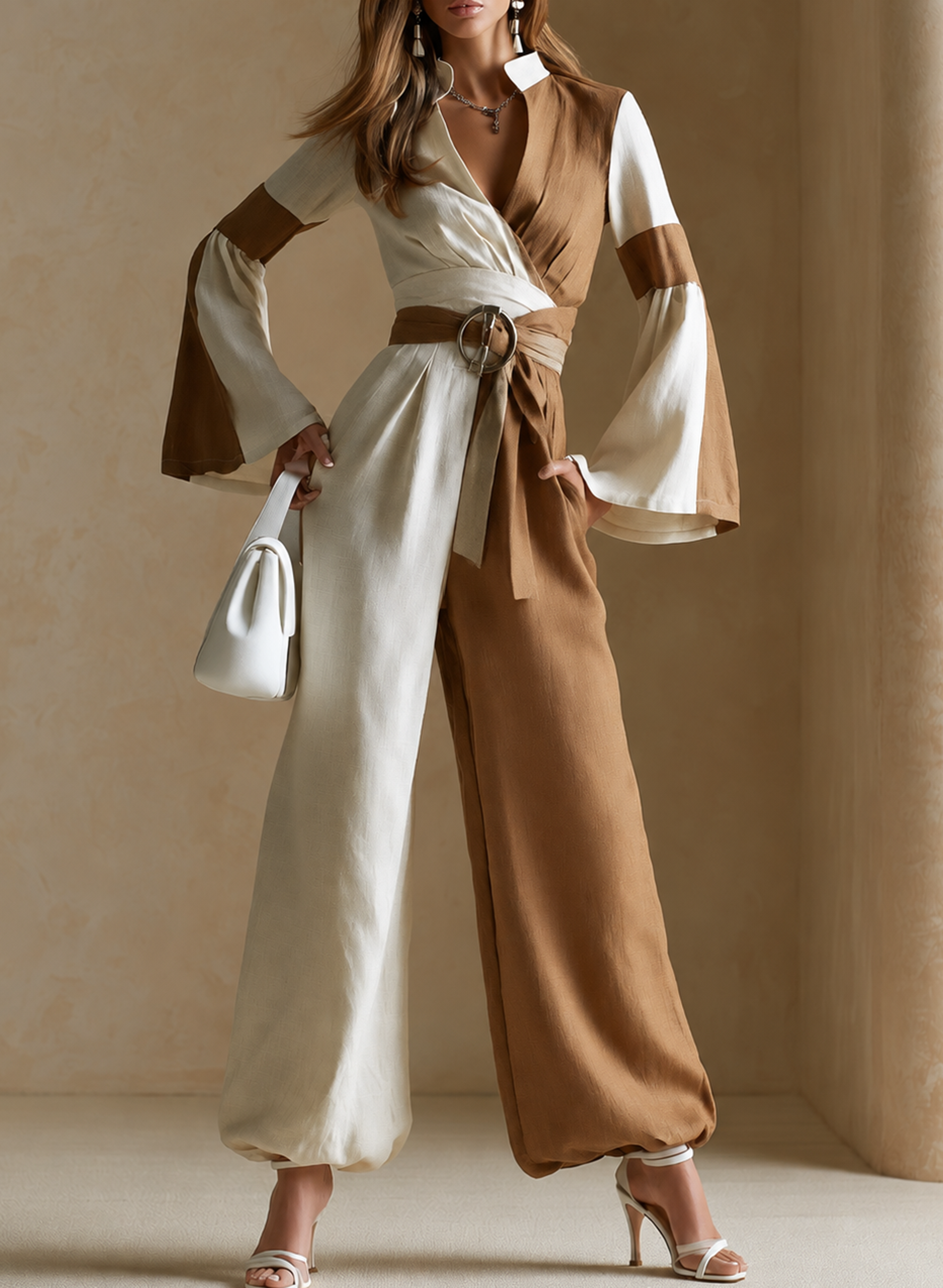Elegant Khaki Contrast Linen Blend Jumpsuit