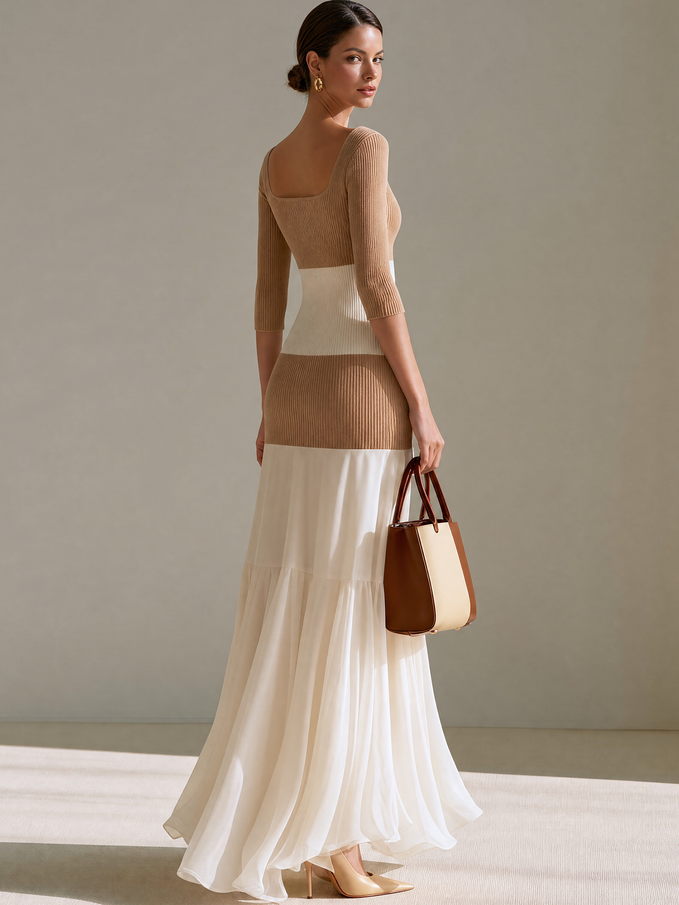Elegant Relax Color Block Knit Square Neck Chiffon Mermaid Maxi Dress