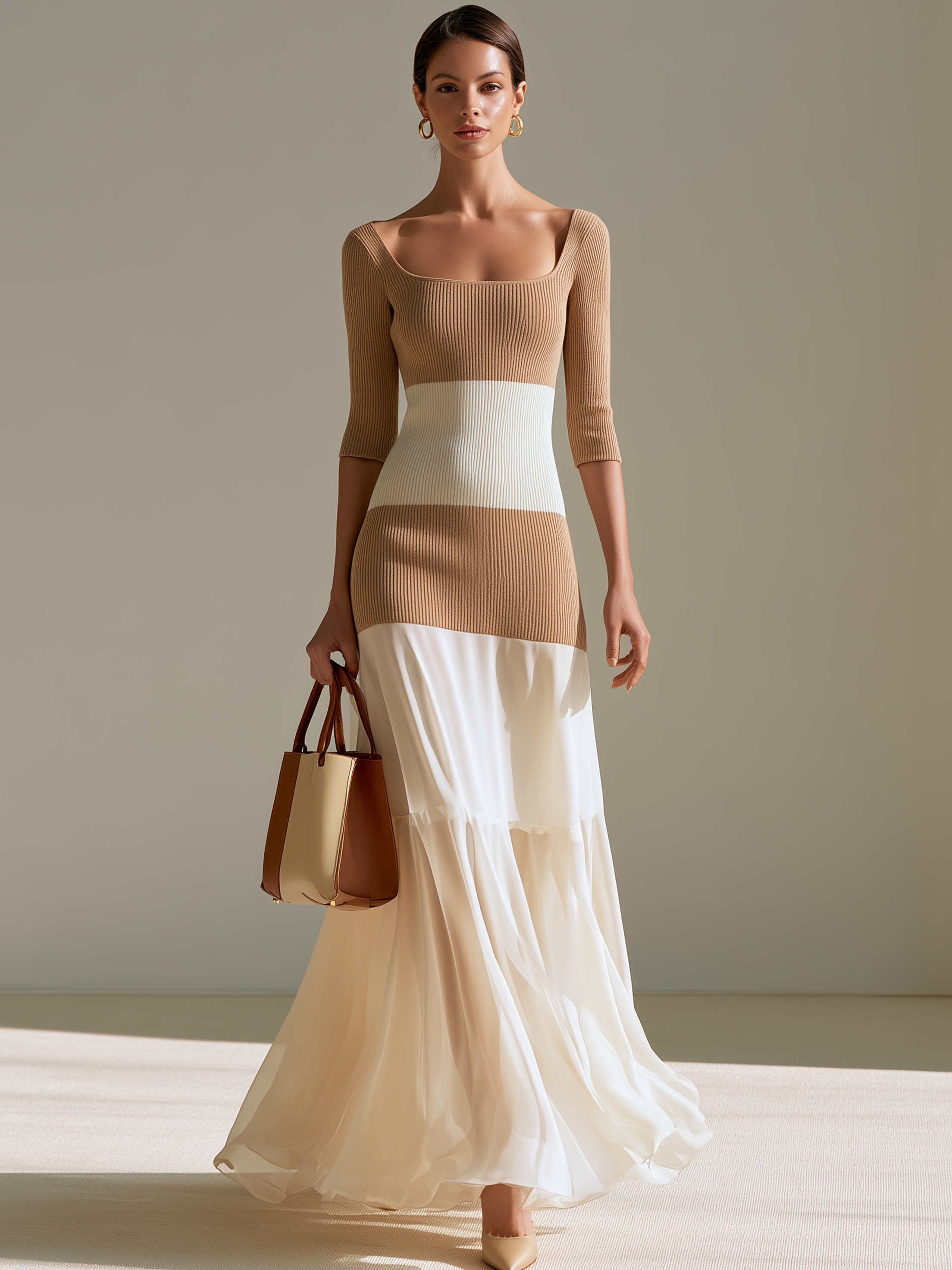 Elegant Relax Color Block Knit Square Neck Chiffon Mermaid Maxi Dress