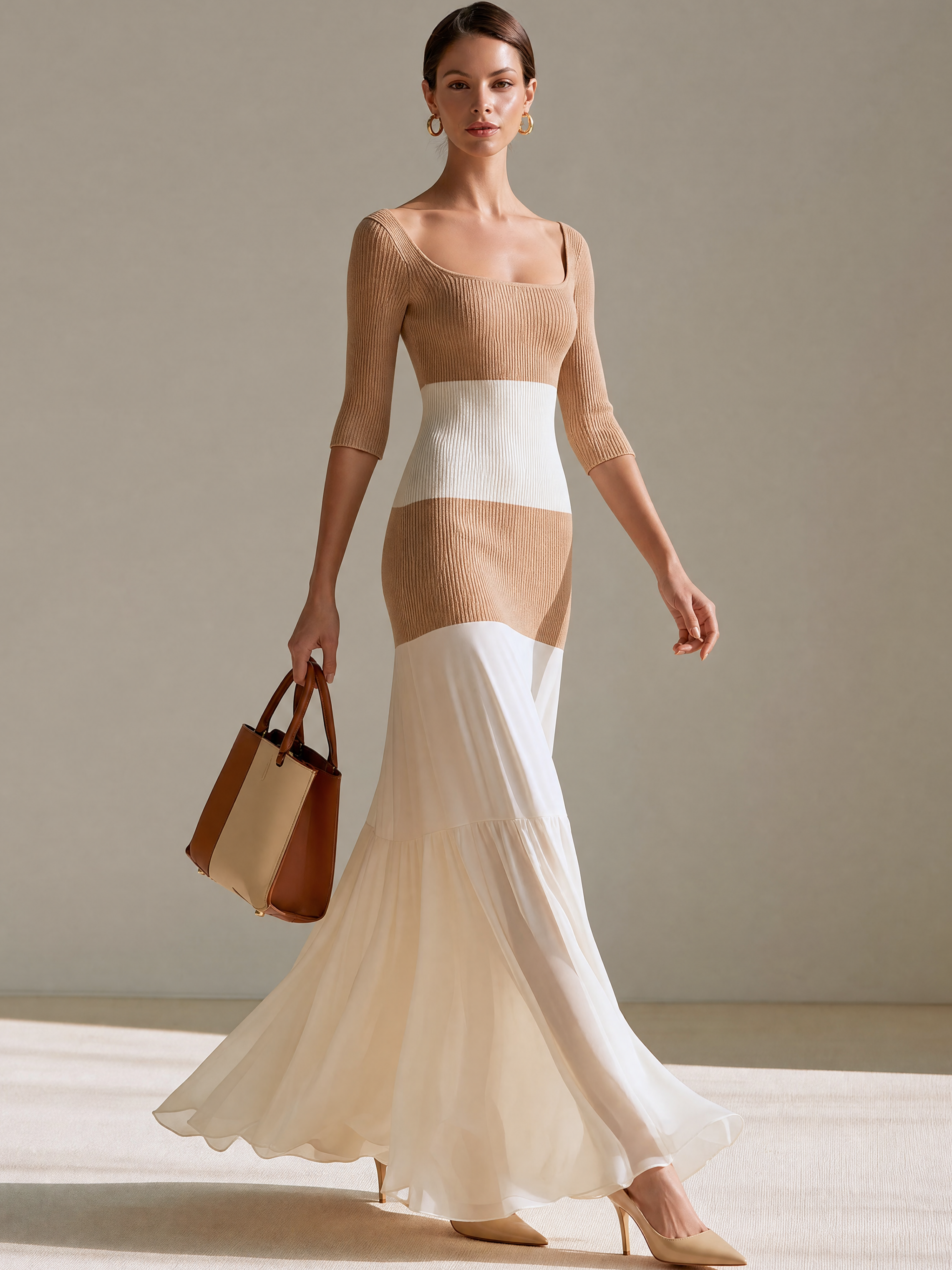 Elegant Relax Color Block Knit Square Neck Chiffon Mermaid Maxi Dress