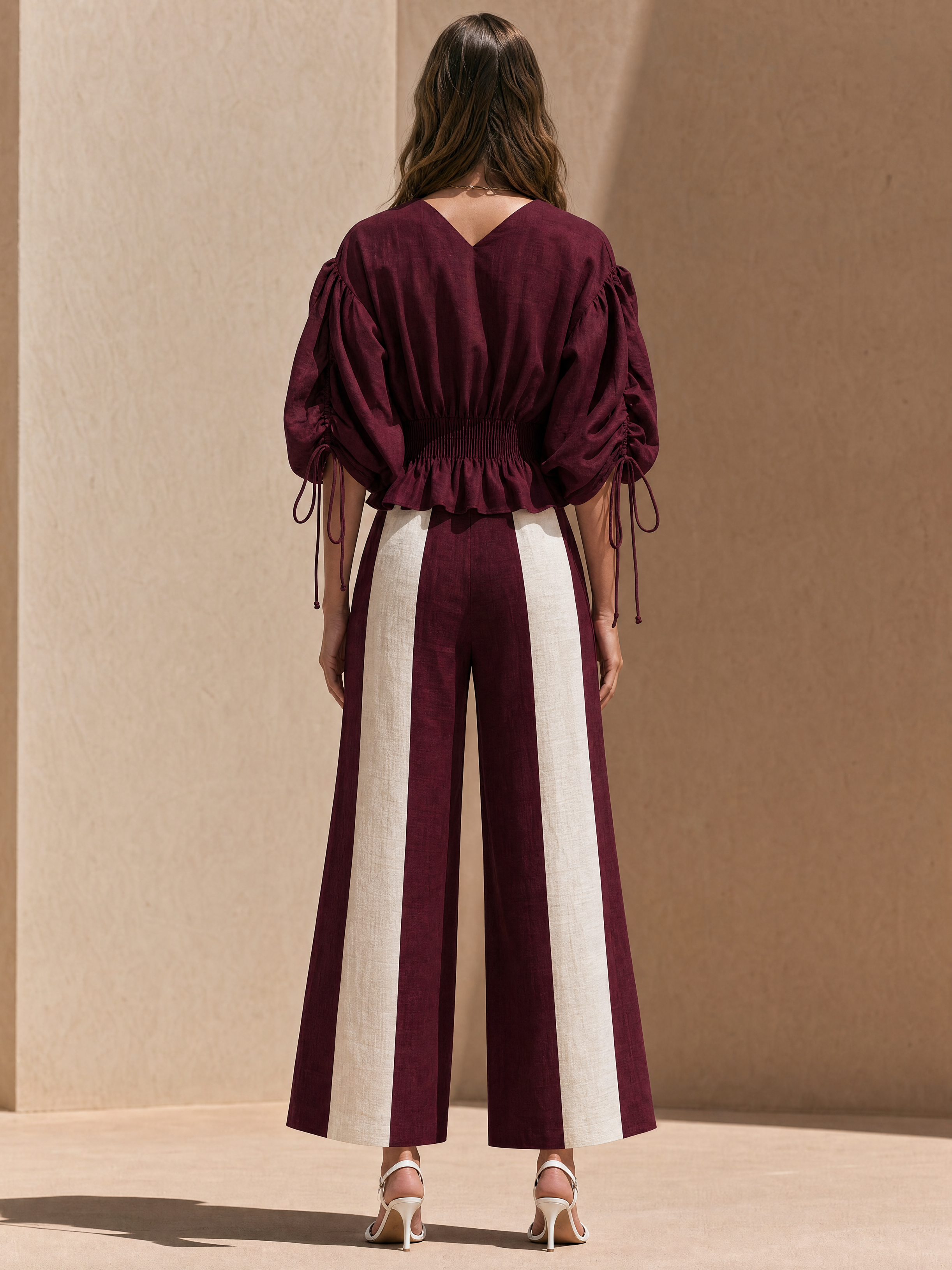 Elegant Burgundy Linen Blend Wrap Blouse & Contrast Wide Leg Pants Set