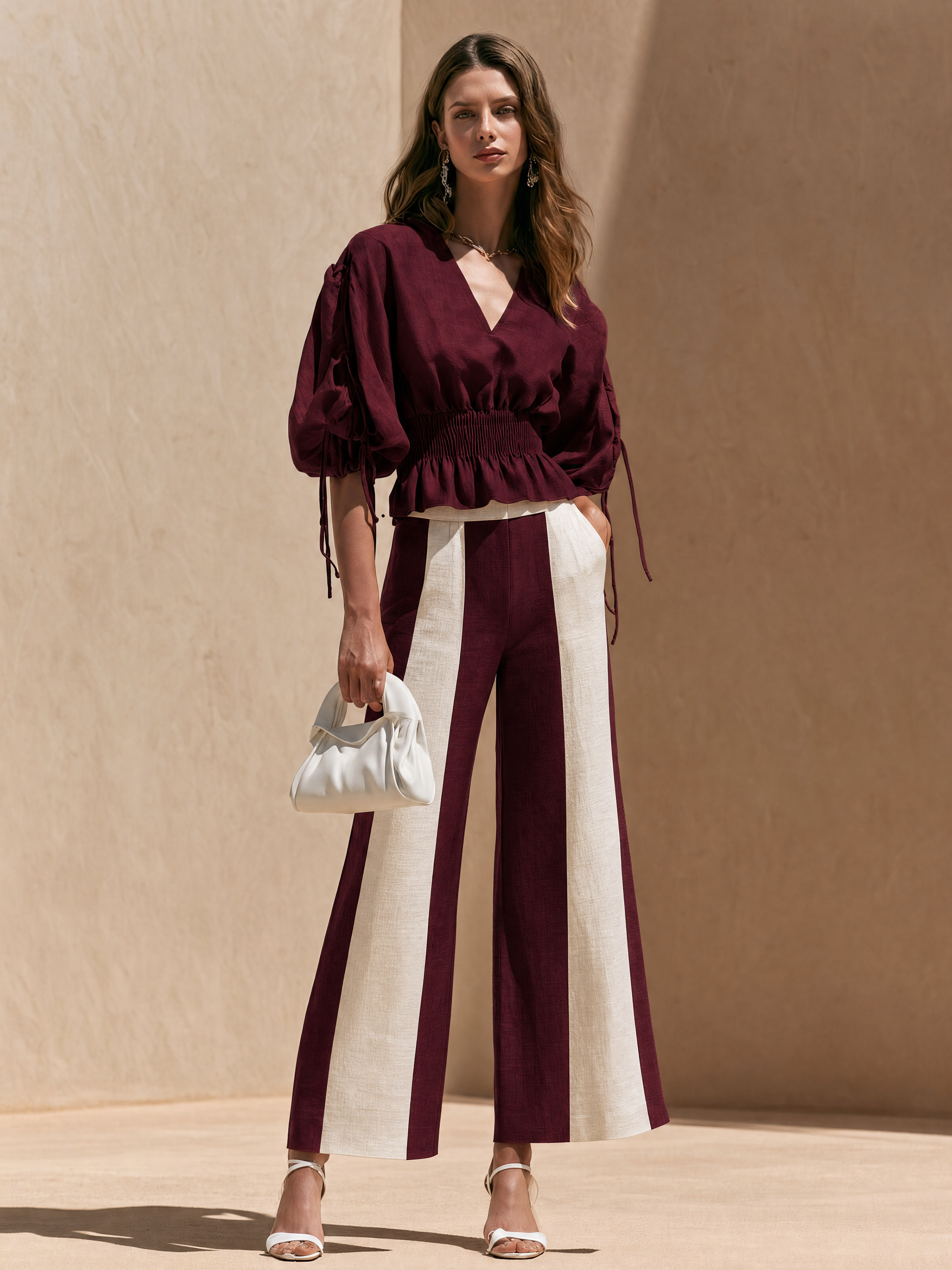 Elegant Burgundy Linen Blend Wrap Blouse & Contrast Wide Leg Pants Set