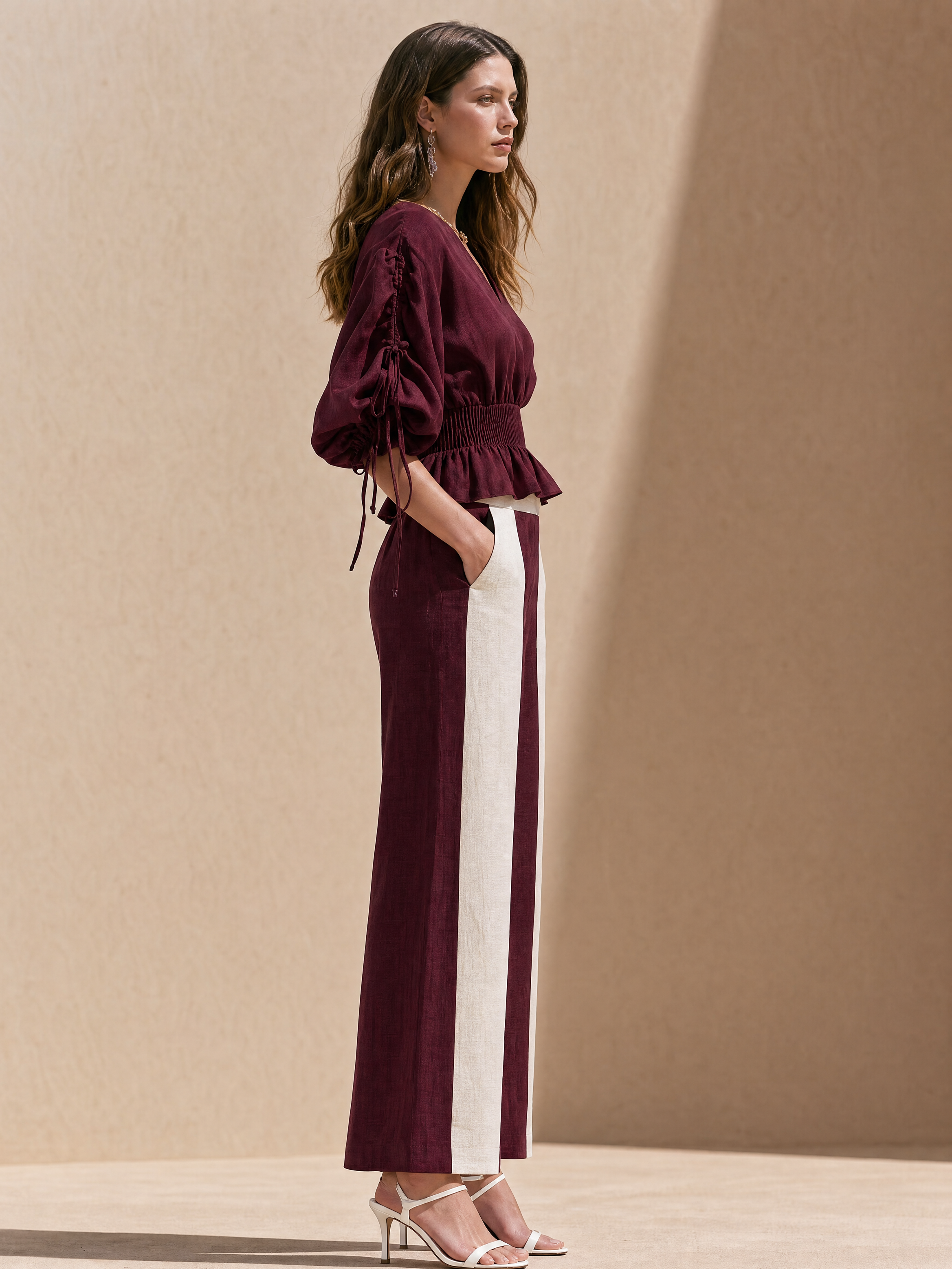 Elegant Burgundy Linen Blend Wrap Blouse & Contrast Wide Leg Pants Set