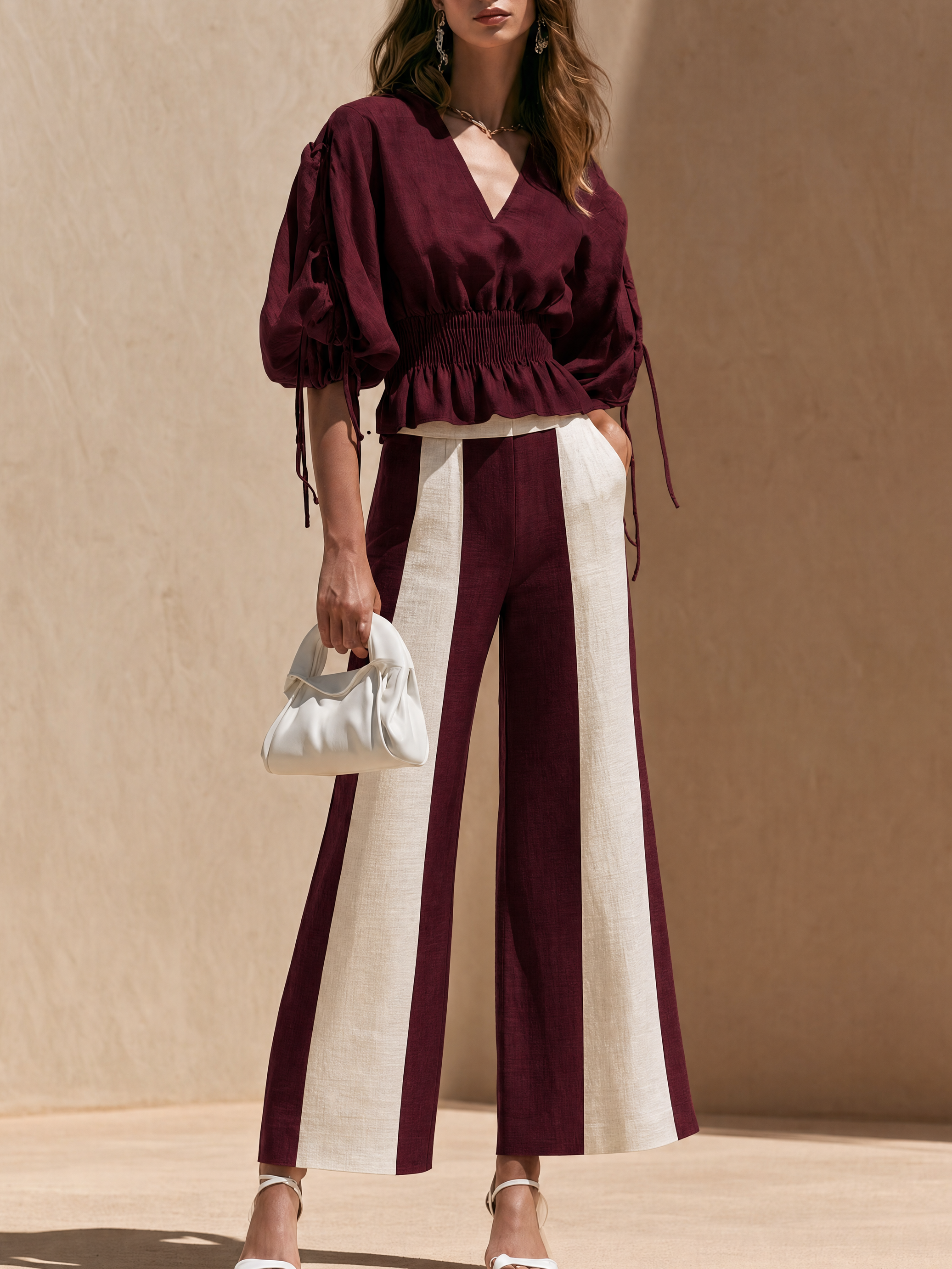 Elegant Burgundy Linen Blend Wrap Blouse & Contrast Wide Leg Pants Set