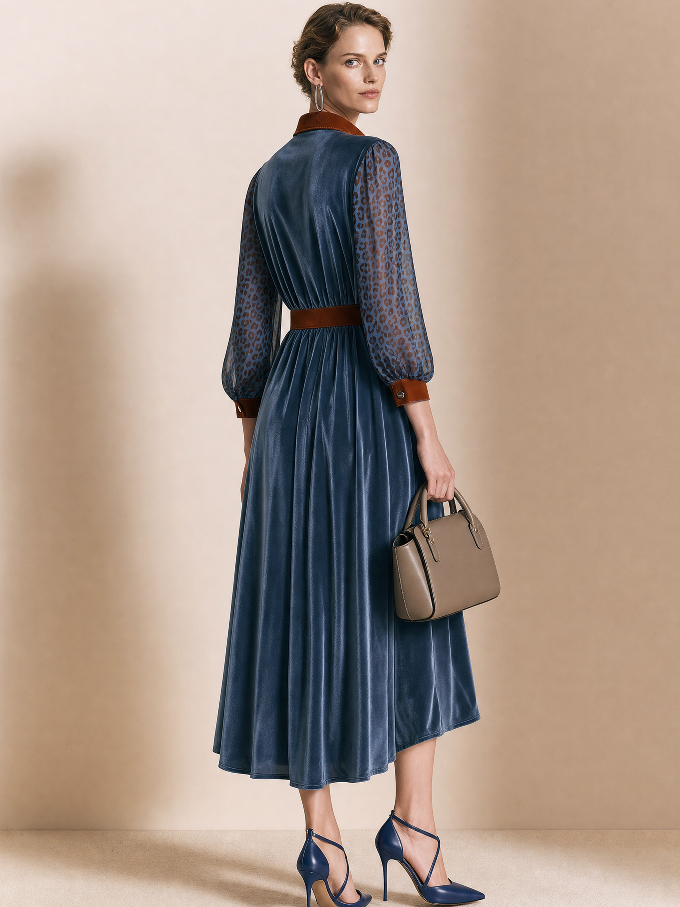 Elegant Blue Velvet Contrast Collar Leopard Sleeve Shirt Dress