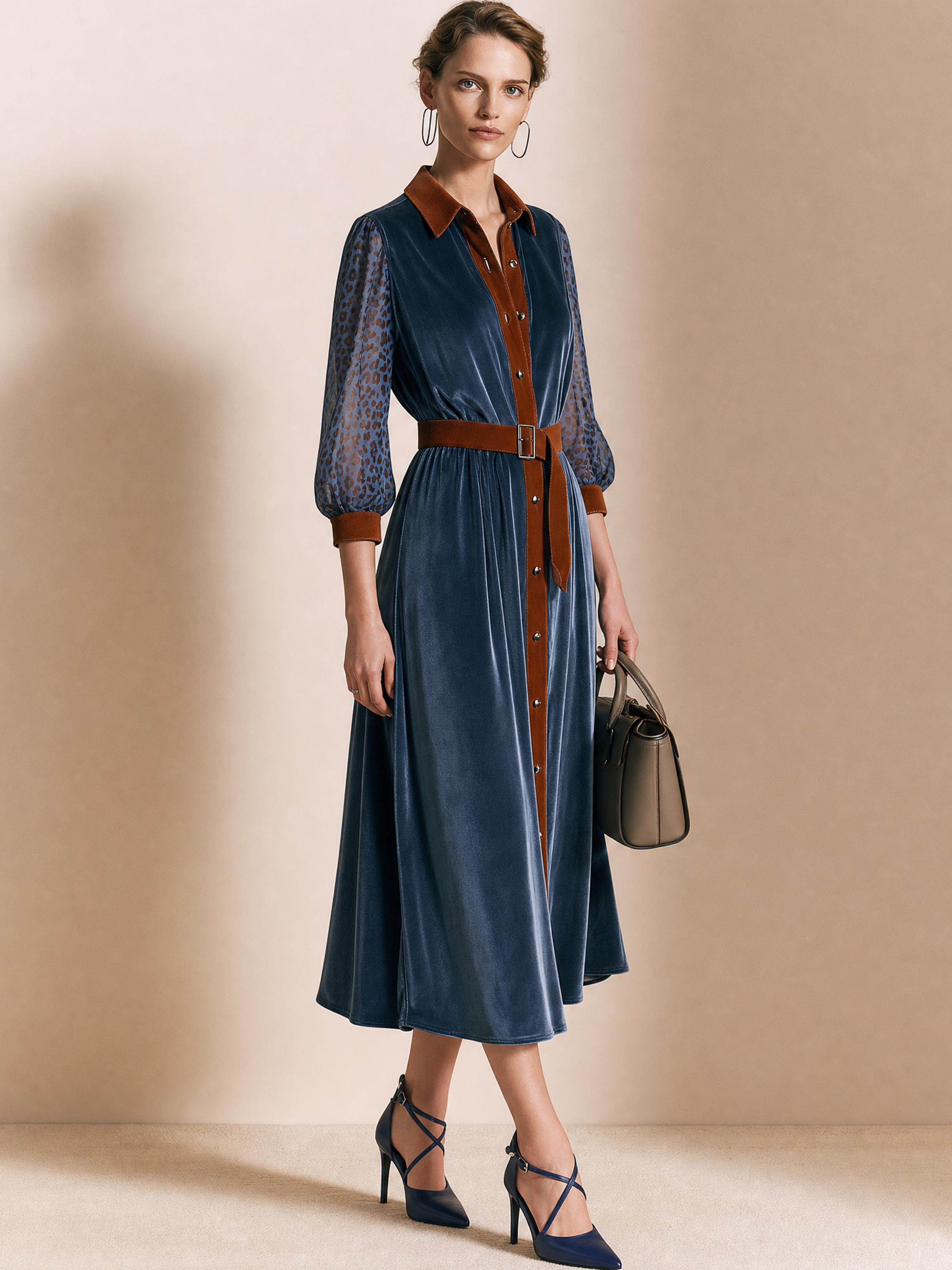 Elegant Blue Velvet Contrast Collar Leopard Sleeve Shirt Dress