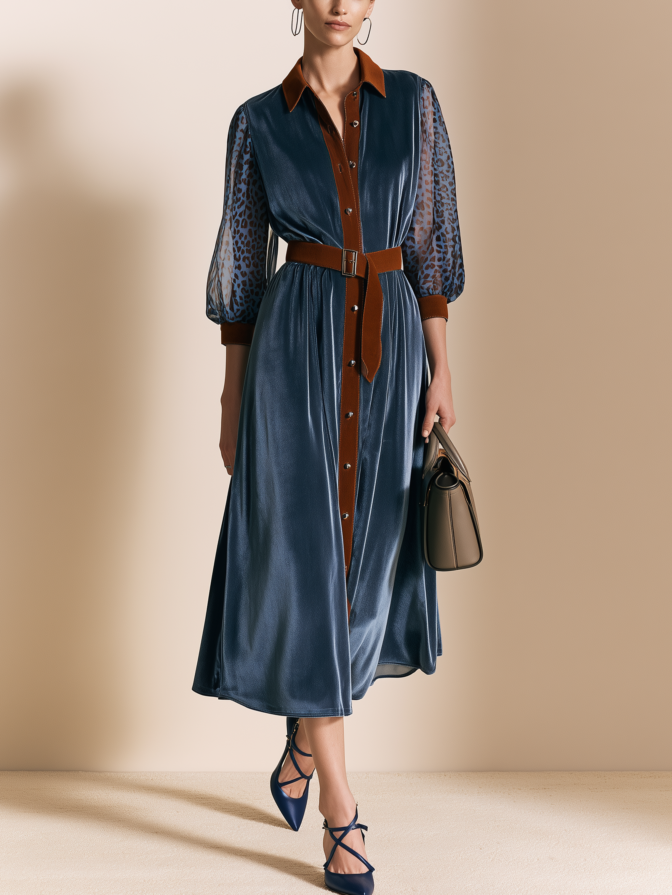 Elegant Blue Velvet Contrast Collar Leopard Sleeve Shirt Dress