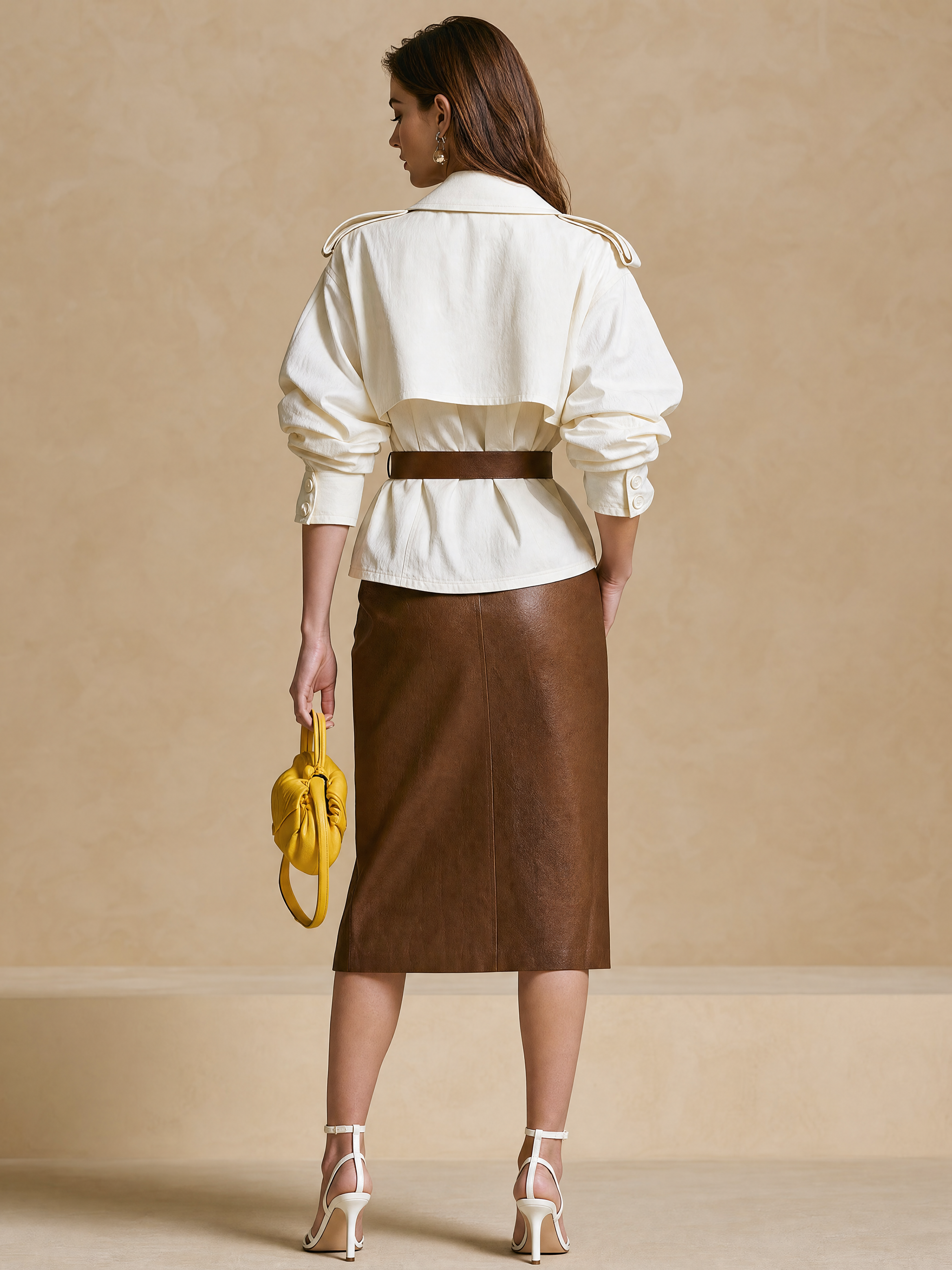 Elegant White Trench Style Blouse & Brown Front Slit Midi Skirt Set