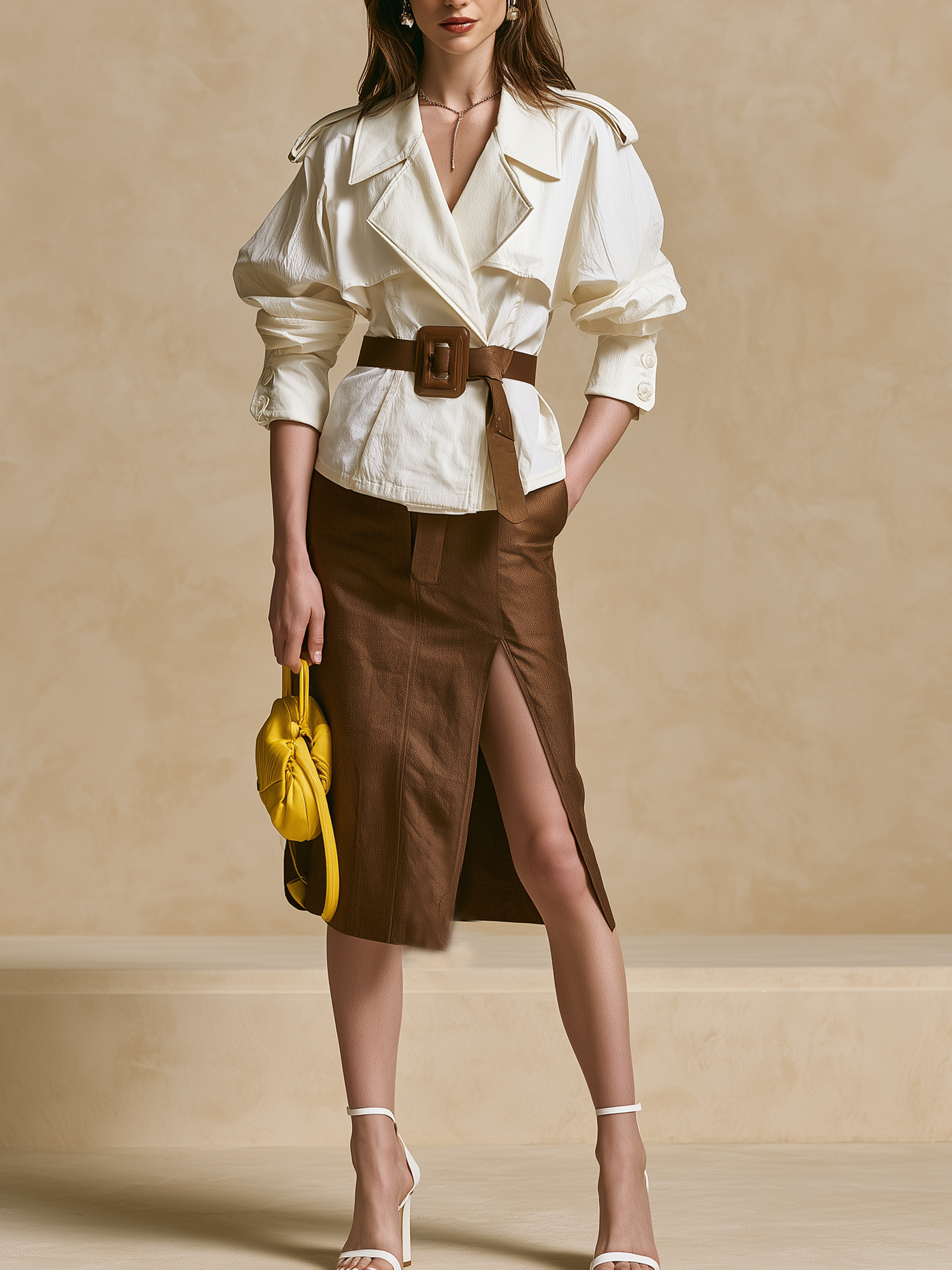Elegant White Trench Style Blouse & Brown Front Slit Midi Skirt Set