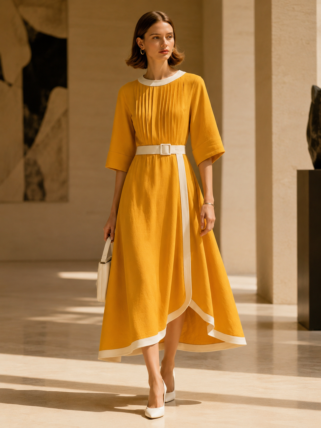 Yellow Linen Flared-sleeve Dress With White Piping