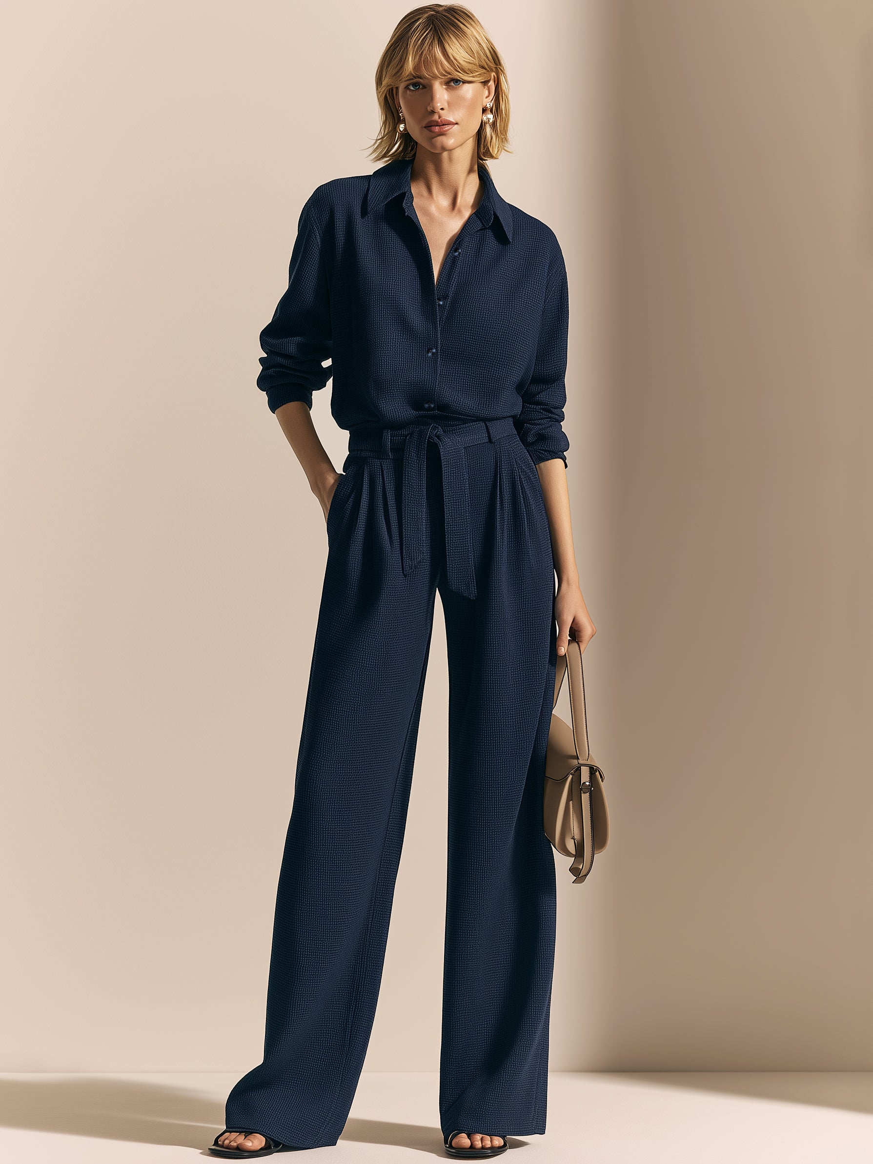 Navy Waffle Long Sleeve Shirt & Wide-Leg Pant Set