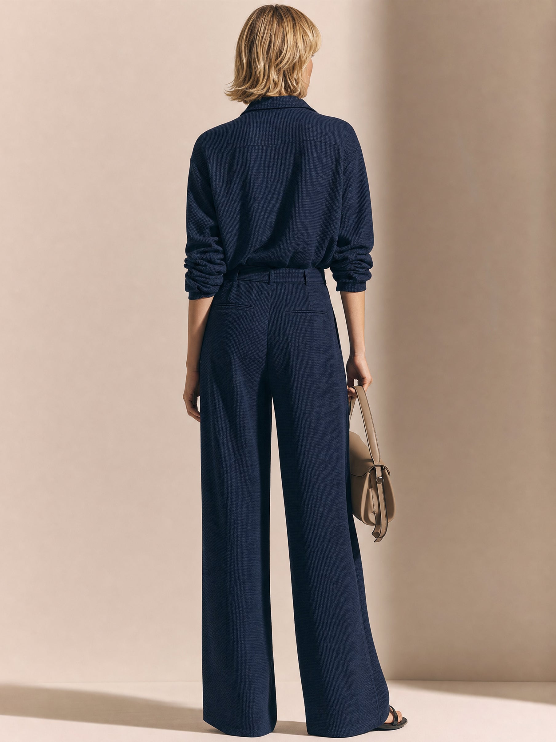 Navy Waffle Long Sleeve Shirt & Wide-Leg Pant Set