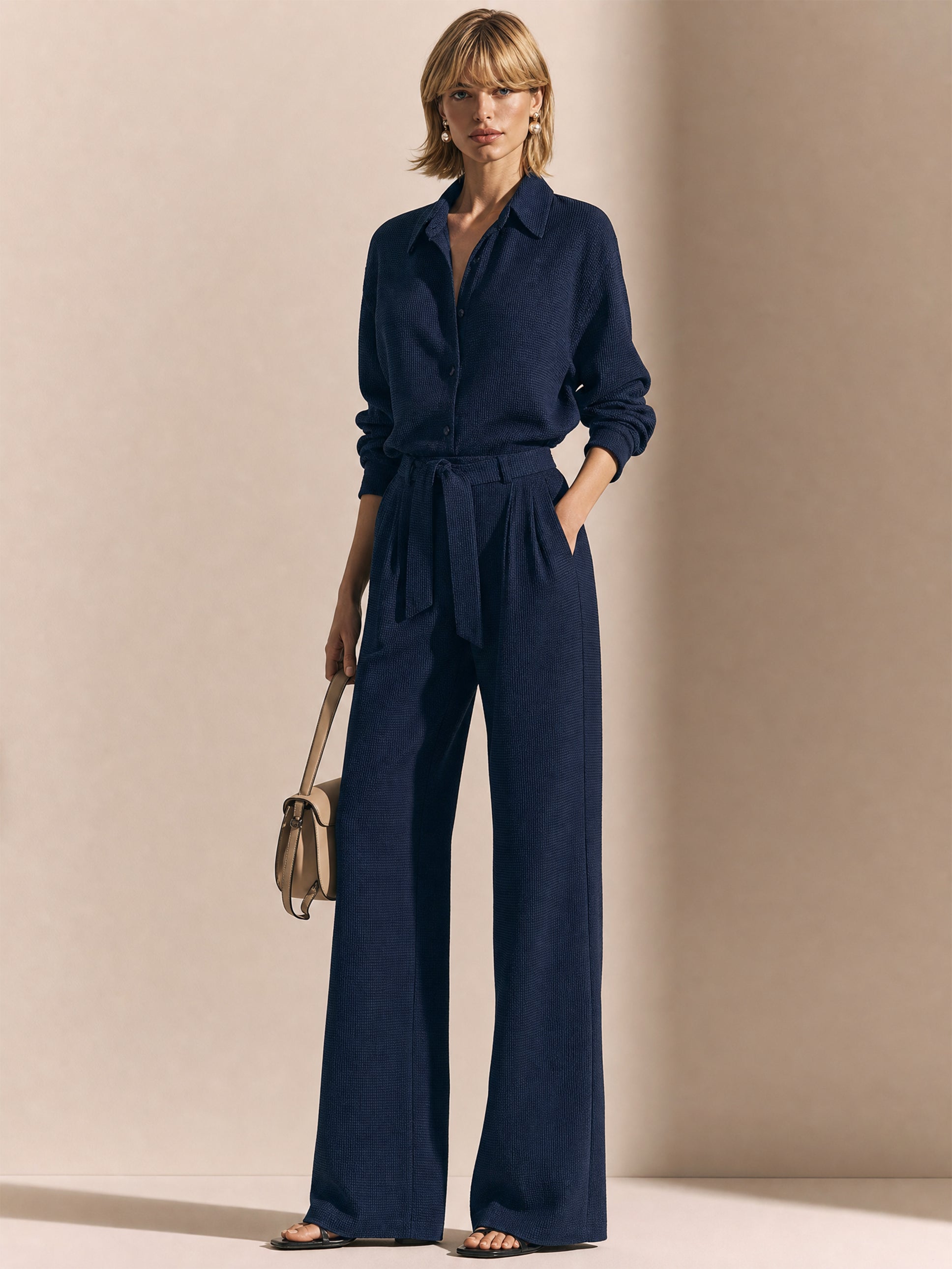 Navy Waffle Long Sleeve Shirt & Wide-Leg Pant Set