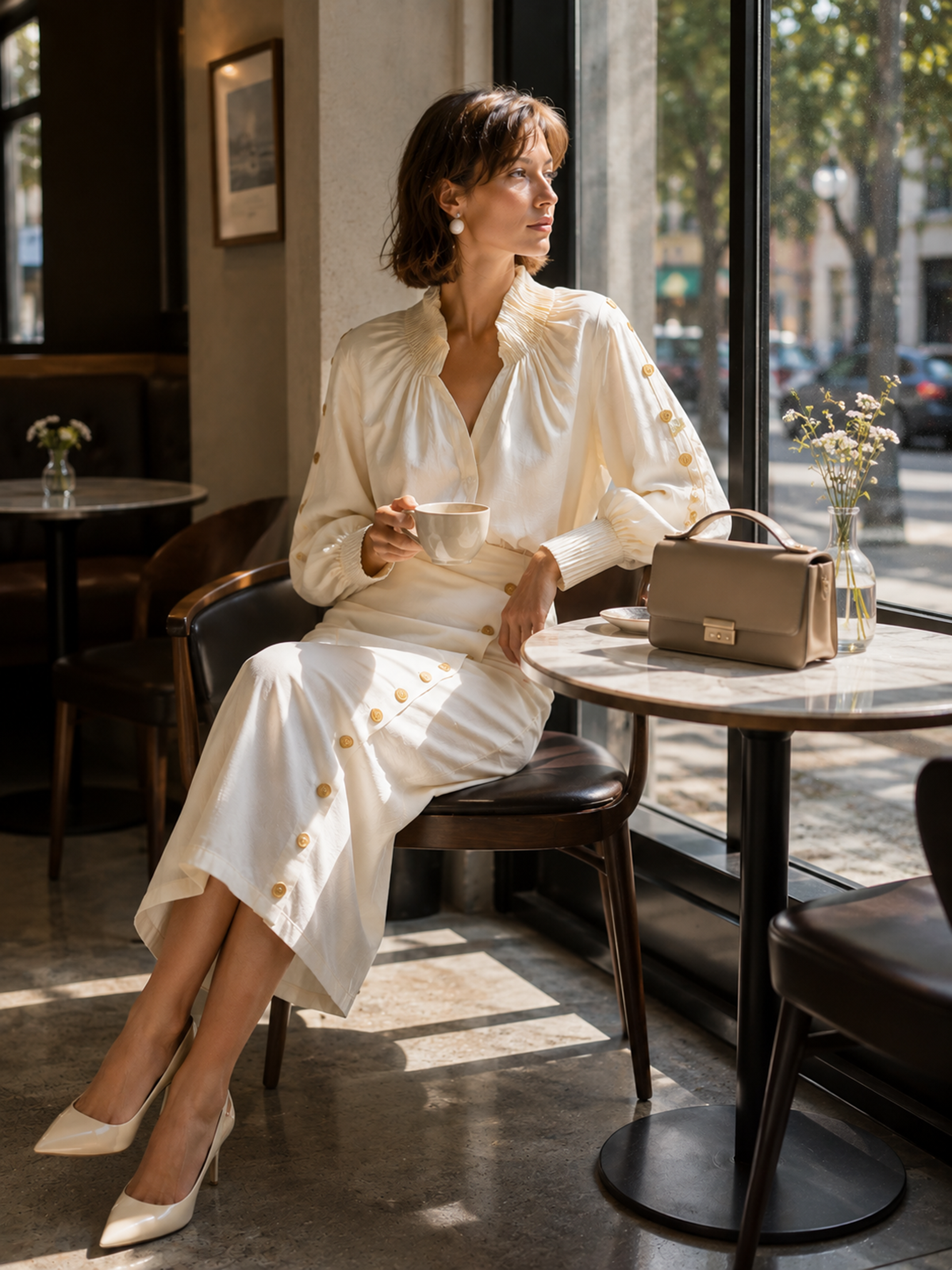 Elegant Cream Blouse & Midi Skirt Set