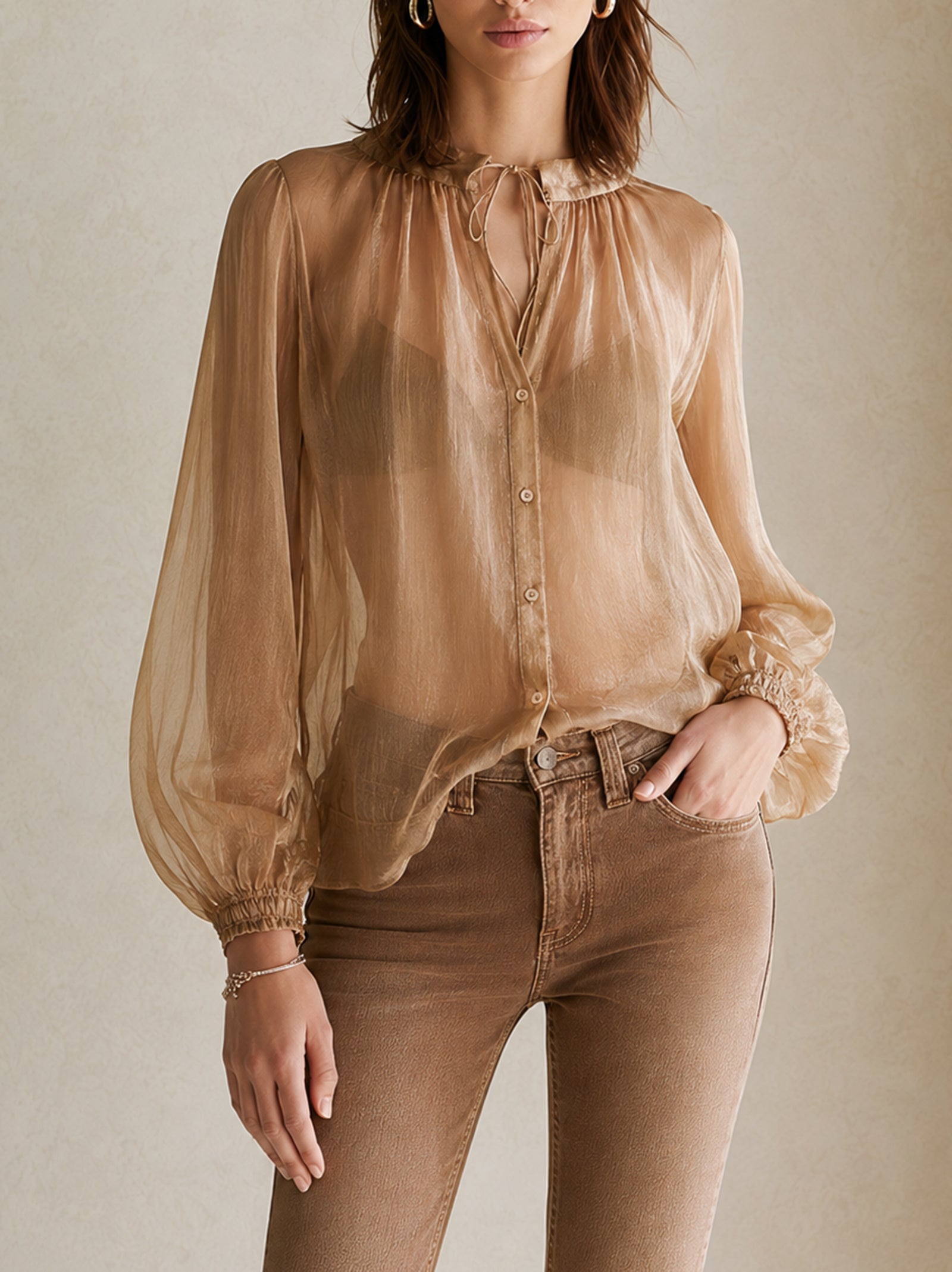 Light Brown Sheer Chiffon Round-neck Drawstring Shirt