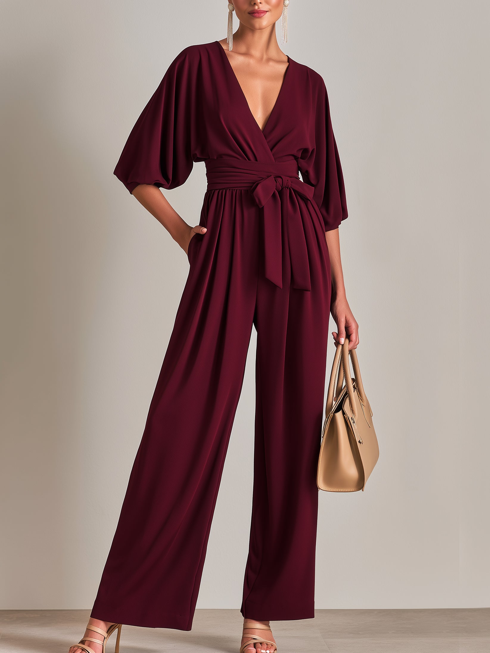 Burgundy Wrap V-Neck Batwing Sleeve Wide Leg Jumpsuit