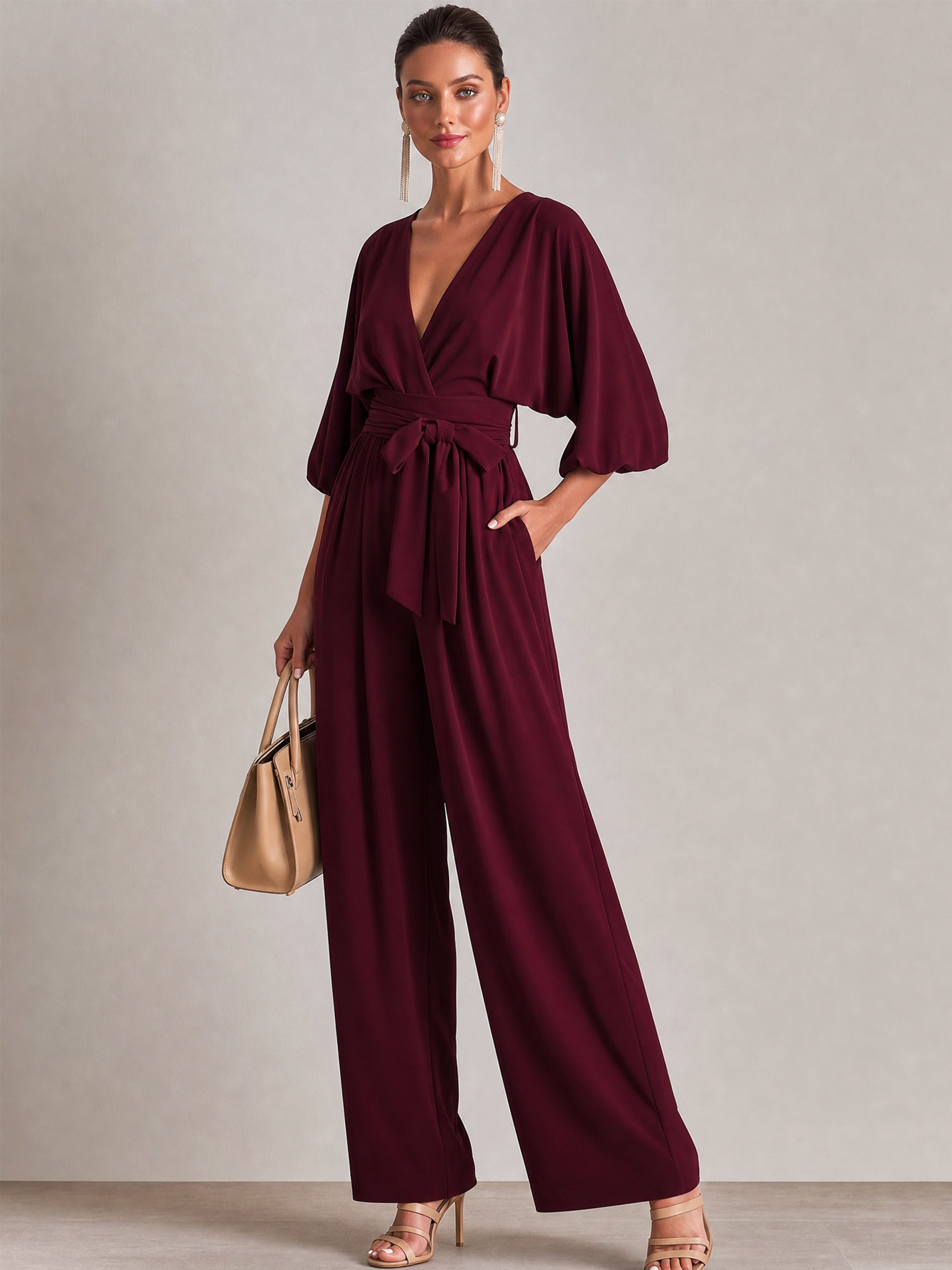 Burgundy Wrap V-Neck Batwing Sleeve Wide Leg Jumpsuit