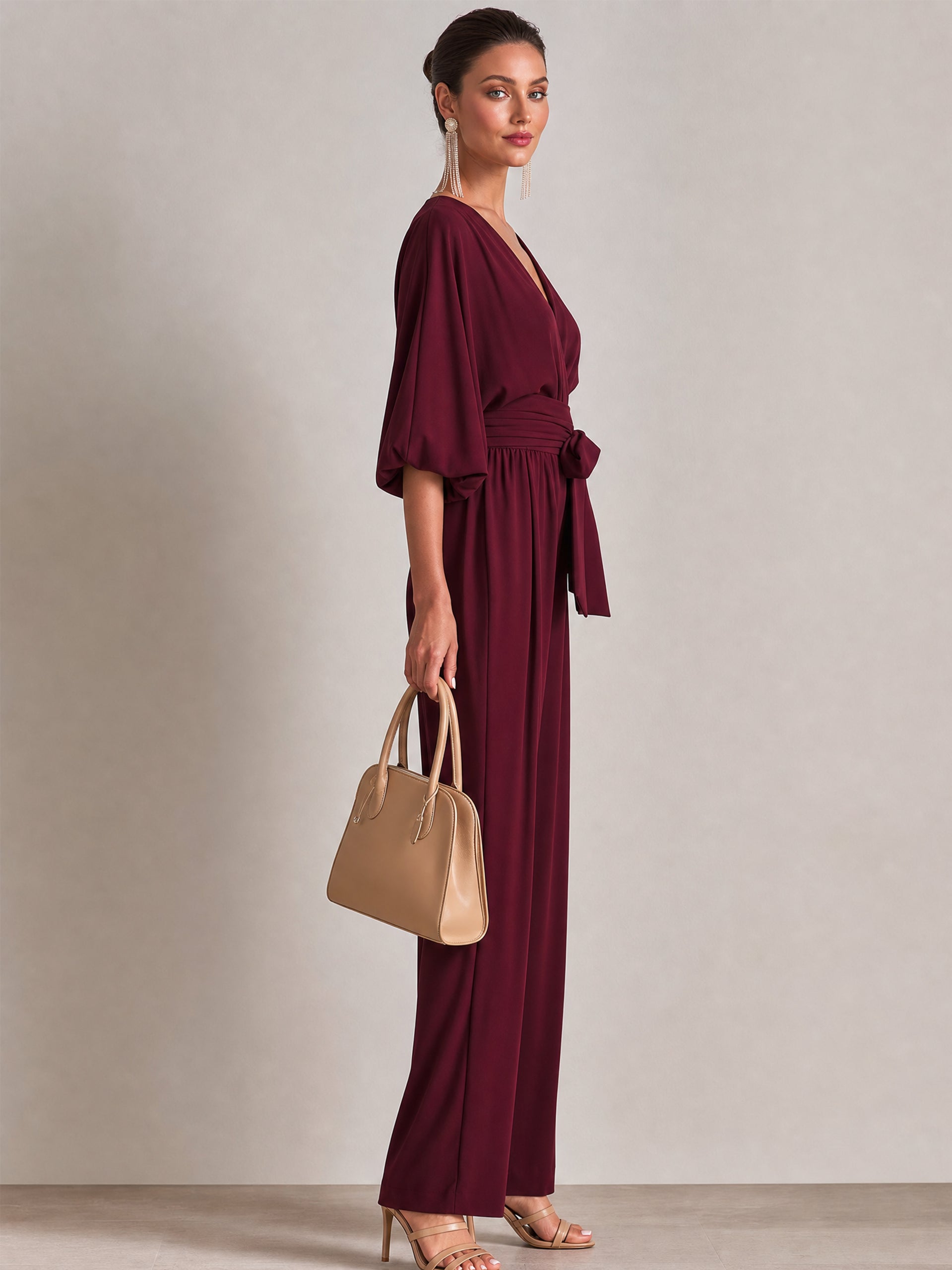 Burgundy Wrap V-Neck Batwing Sleeve Wide Leg Jumpsuit
