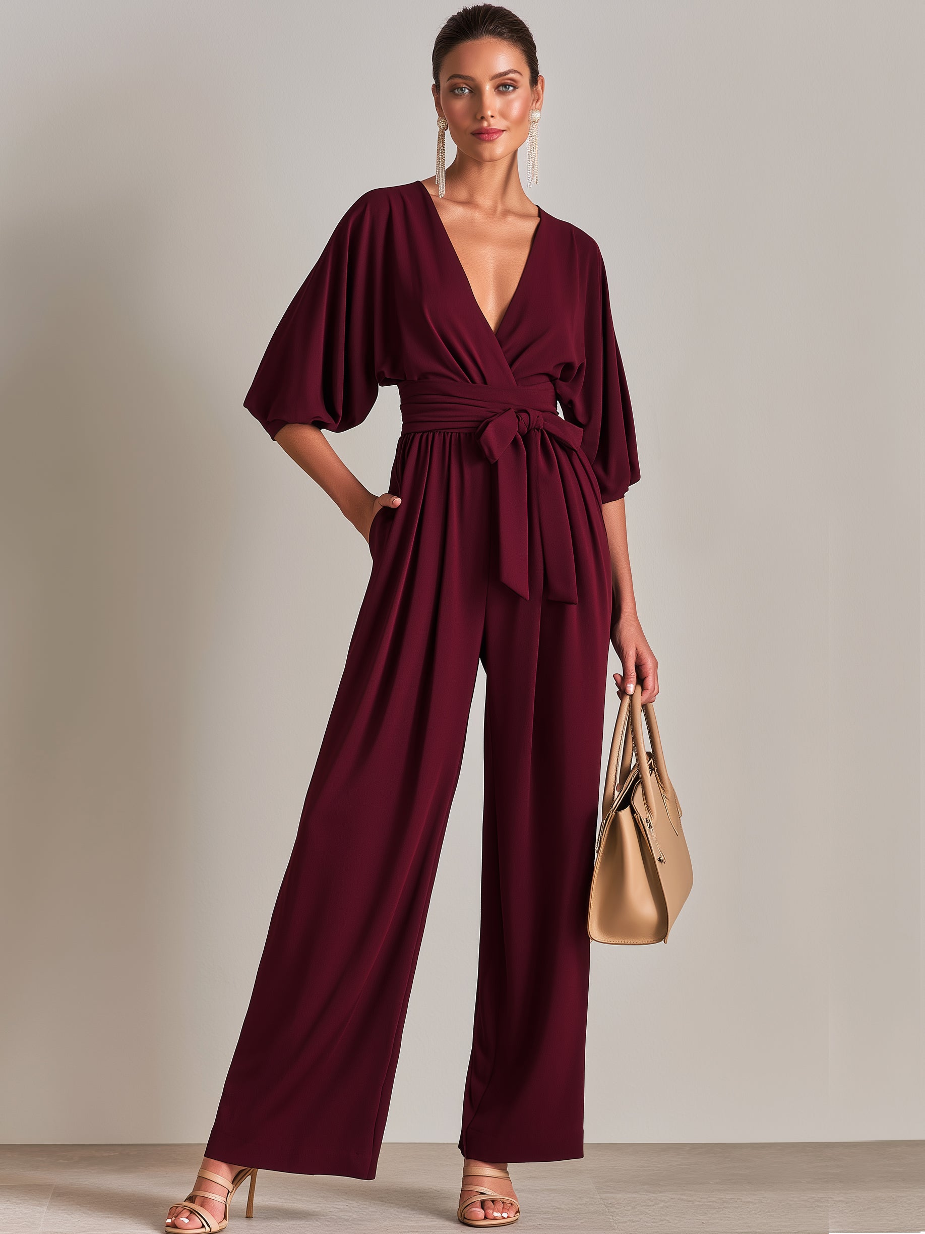 Burgundy Wrap V-Neck Batwing Sleeve Wide Leg Jumpsuit