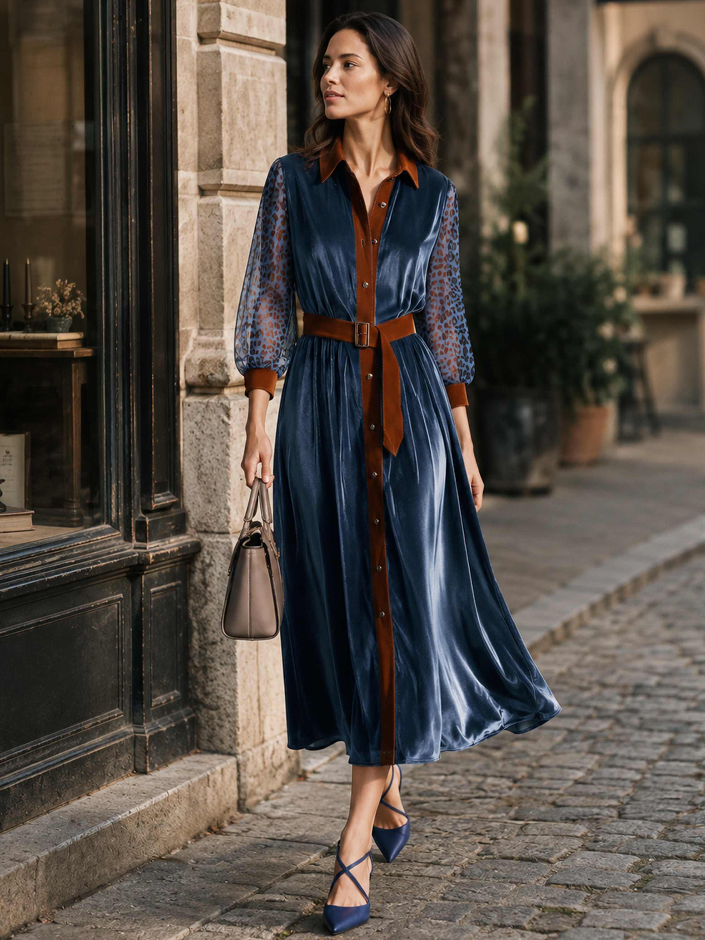 Elegant Blue Velvet Contrast Collar Leopard Sleeve Shirt Dress