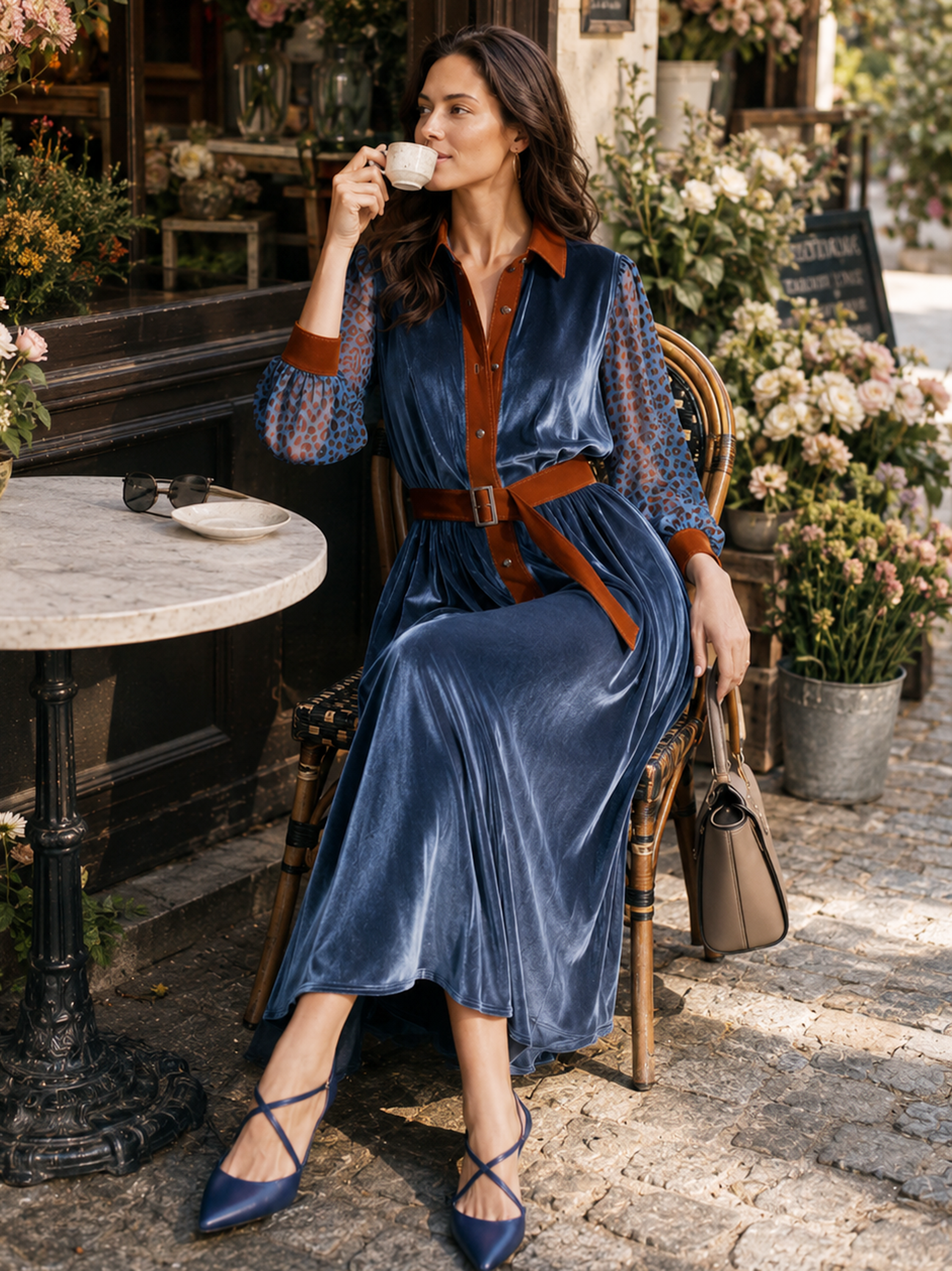 Elegant Blue Velvet Contrast Collar Leopard Sleeve Shirt Dress