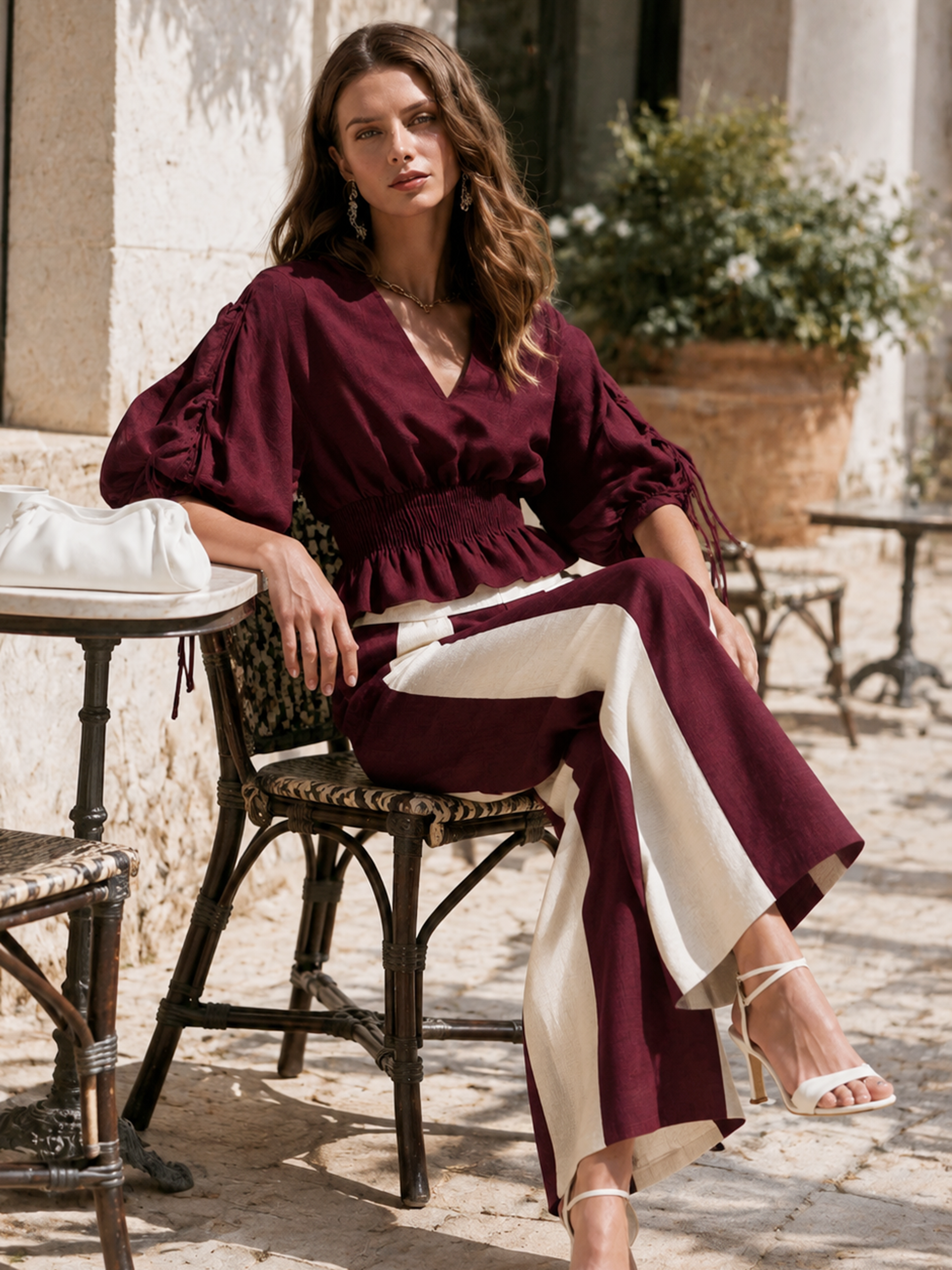 Elegant Burgundy Linen Blend Wrap Blouse & Contrast Wide Leg Pants Set