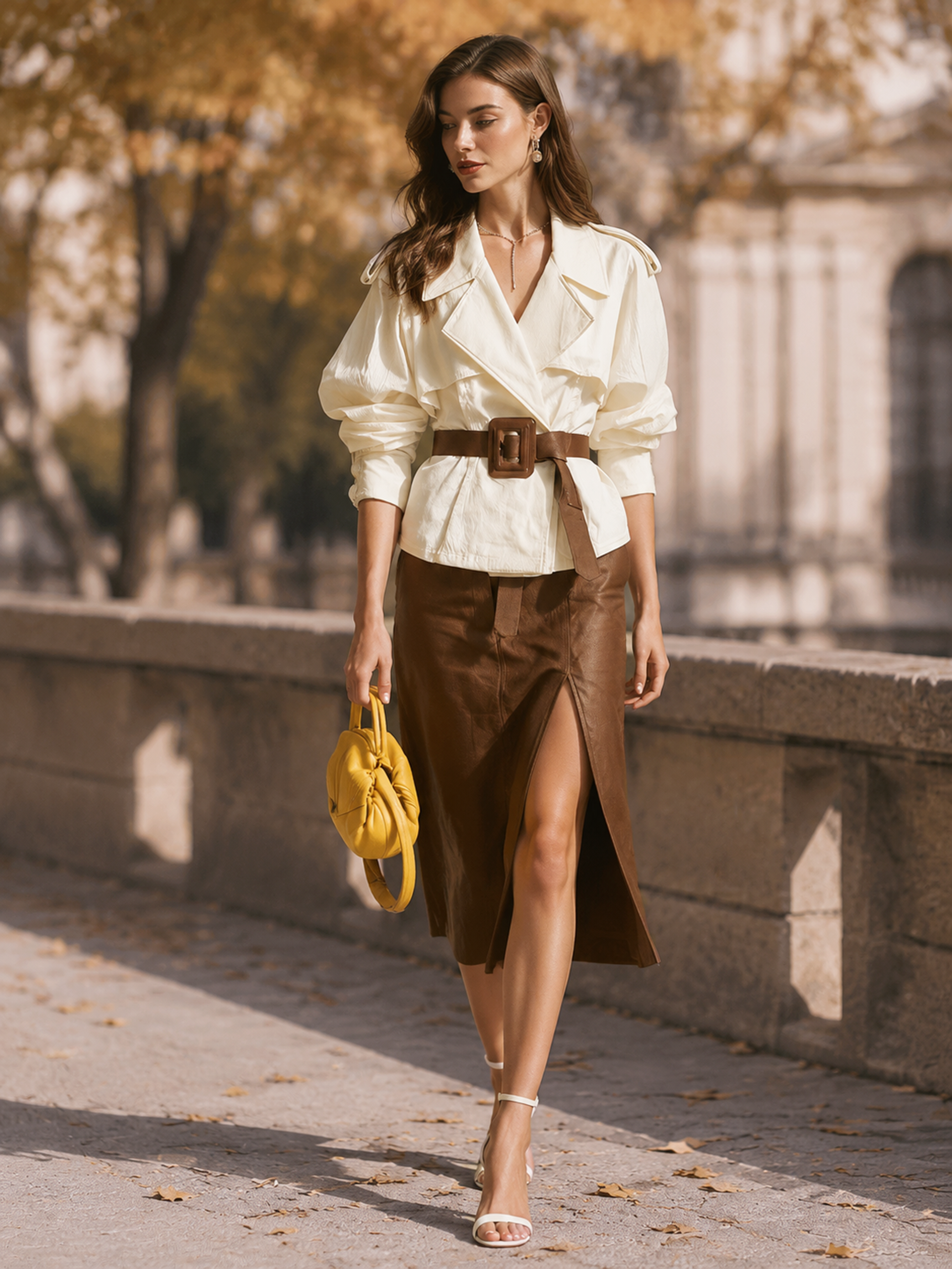 Elegant White Trench Style Blouse & Brown Front Slit Midi Skirt Set