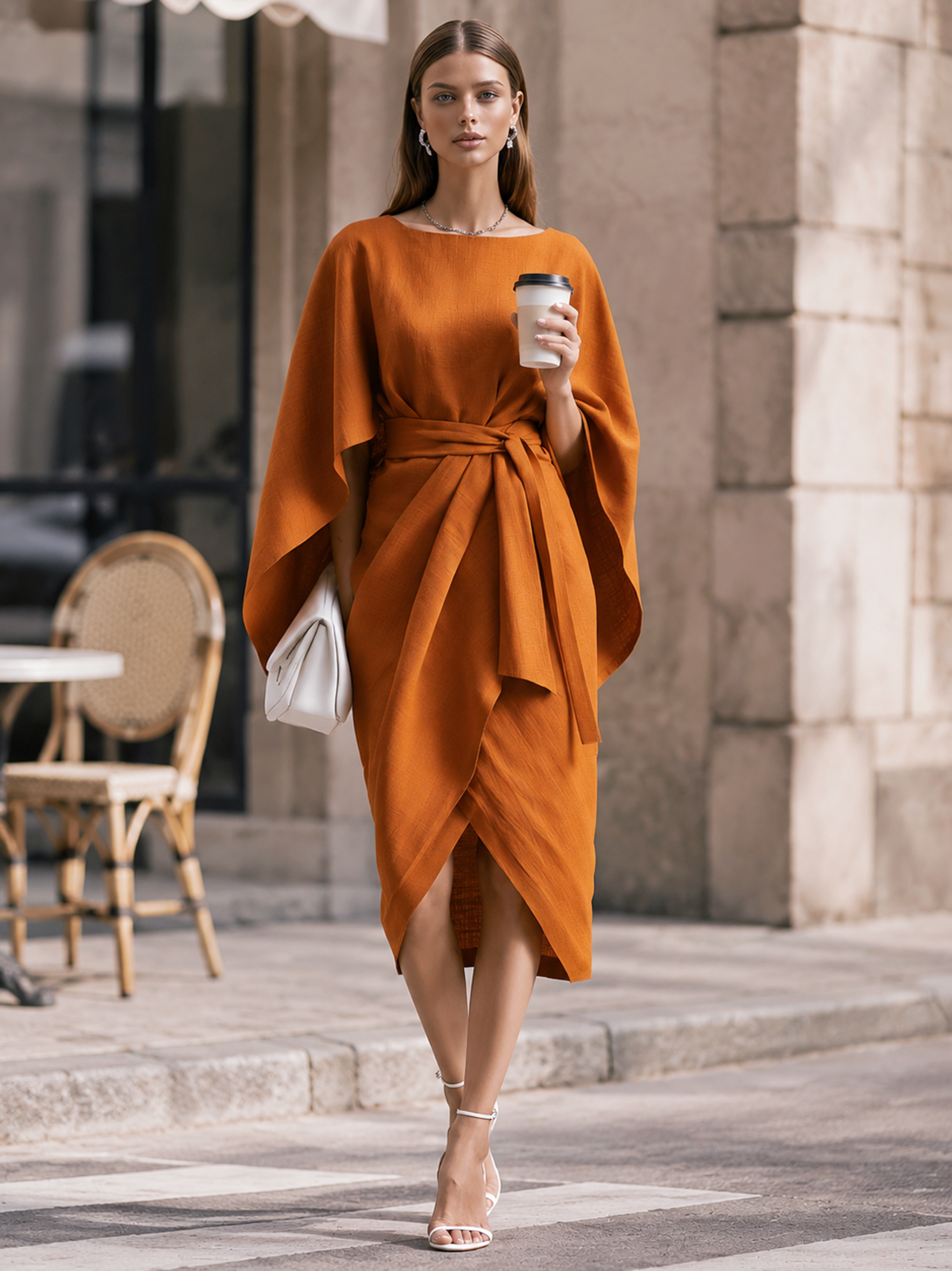 Elegant Orange Linen Blend Cape Sleeve Wrap Midi Dress