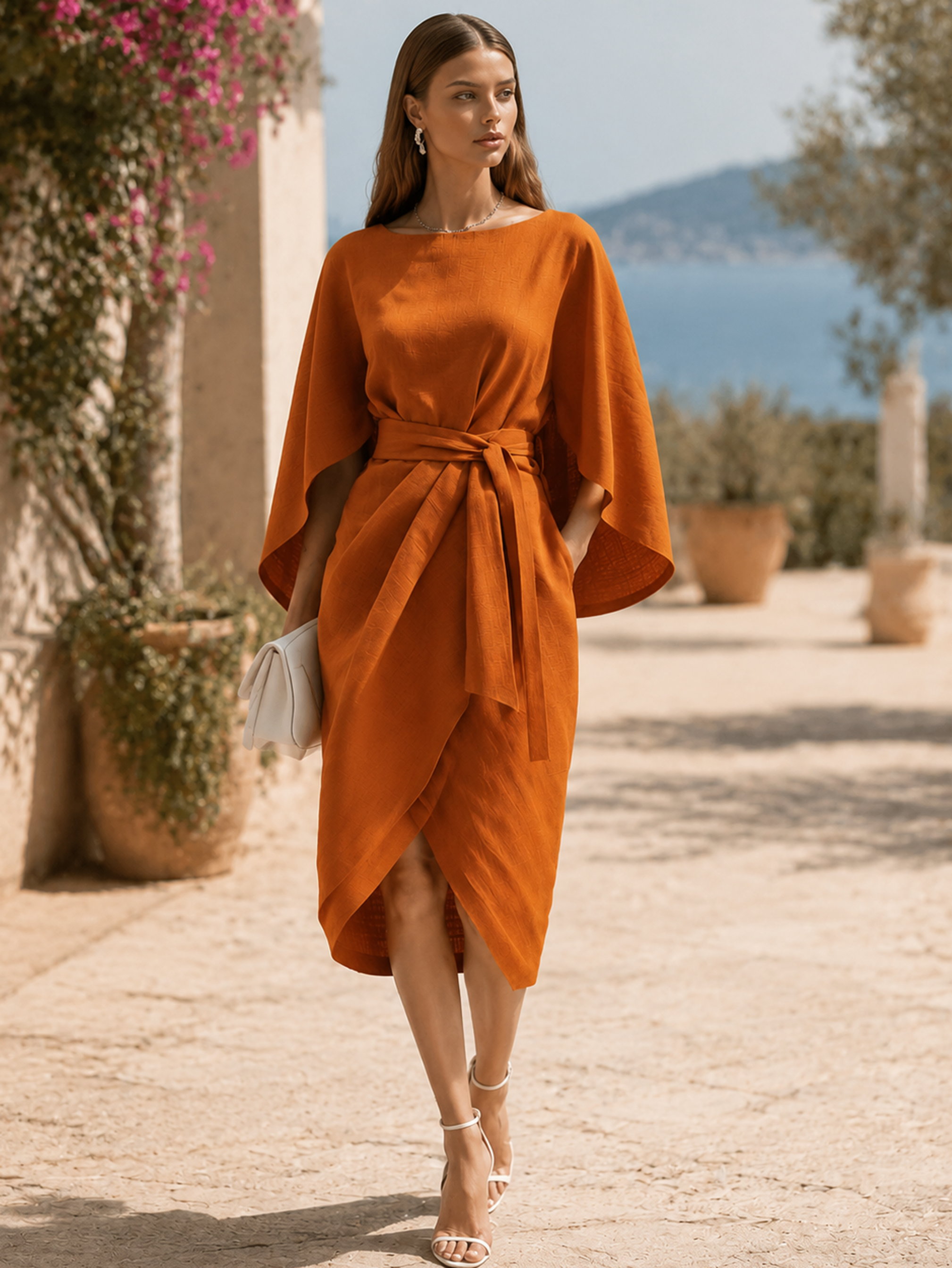 Elegant Orange Linen Blend Cape Sleeve Wrap Midi Dress
